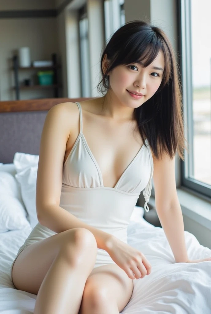 (Best-quality, Masterpiece, Ultra-High-Resolution, (Photorealistic:1.4), Raw Photo, depth of field, professional lighting, perfect anatomy, extremely details), (from above, sitting on bed, open legs widely), 1girl, 15-years-old, the most famous Japanese idol, cowboy shot, (wearing gorgeous-lacy underwear with gorgeous-design), looking at viewer, innocent smile, ((extremely cute realistic-face like the most popular Japanese idol, ((extremely cute and extremely big realistic-eyes)), extremely beautiful and extremely realistic hair)), (((extremely beautiful and extremely realistic skins))), extremely cute and extremely realistic long-eyelashes, extremely cute and extremely realistic lips, extremely cute body, extremely cute inner-thighs, detailed gorgeous-lacy-underwear-with-gorgeous-design