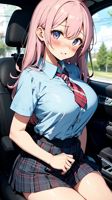 masterpiece, best quality, ultra high res, ultra-detailed, inside a public bus, night, night city illumination, beautiful night city landscape, 1 girl, slut, Rishe, pink hair, green eyes, hair ornament, red lipstick, red eyeliner, dark brown skin, hairy pubic hair, gigantic tits, giant cleavage, wet, (unbuttoned white shirt, pleated black mini skirt, black lace-trimmed tights, black short boots, school red ribbon: 1.5), horny, sexy, (rishe is sitting on the row seat of an empty bus spreading her legs wide open and her pussy exposed and groping her breast while squirting love juice and having a horny sexy face and moaning with open mouth and with her slutty tongue out dripping saliva: 1.6)