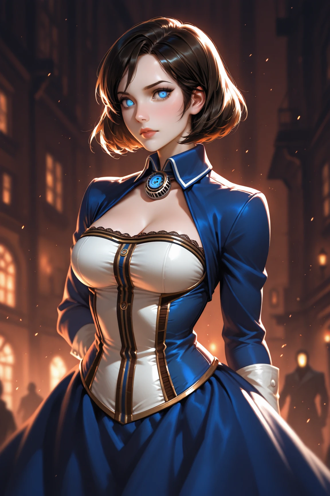 masterpiece,best quality,extreme detail,8k,<lora:elizabeth:0.6>,elizabeth2,1girl,solo,breasts,short hair,blue eyes,skirt,brown hair,dress,cleavage,large breasts,jacket,choker,lips,makeup,corset,cropped jacket,wide hips, thighs,