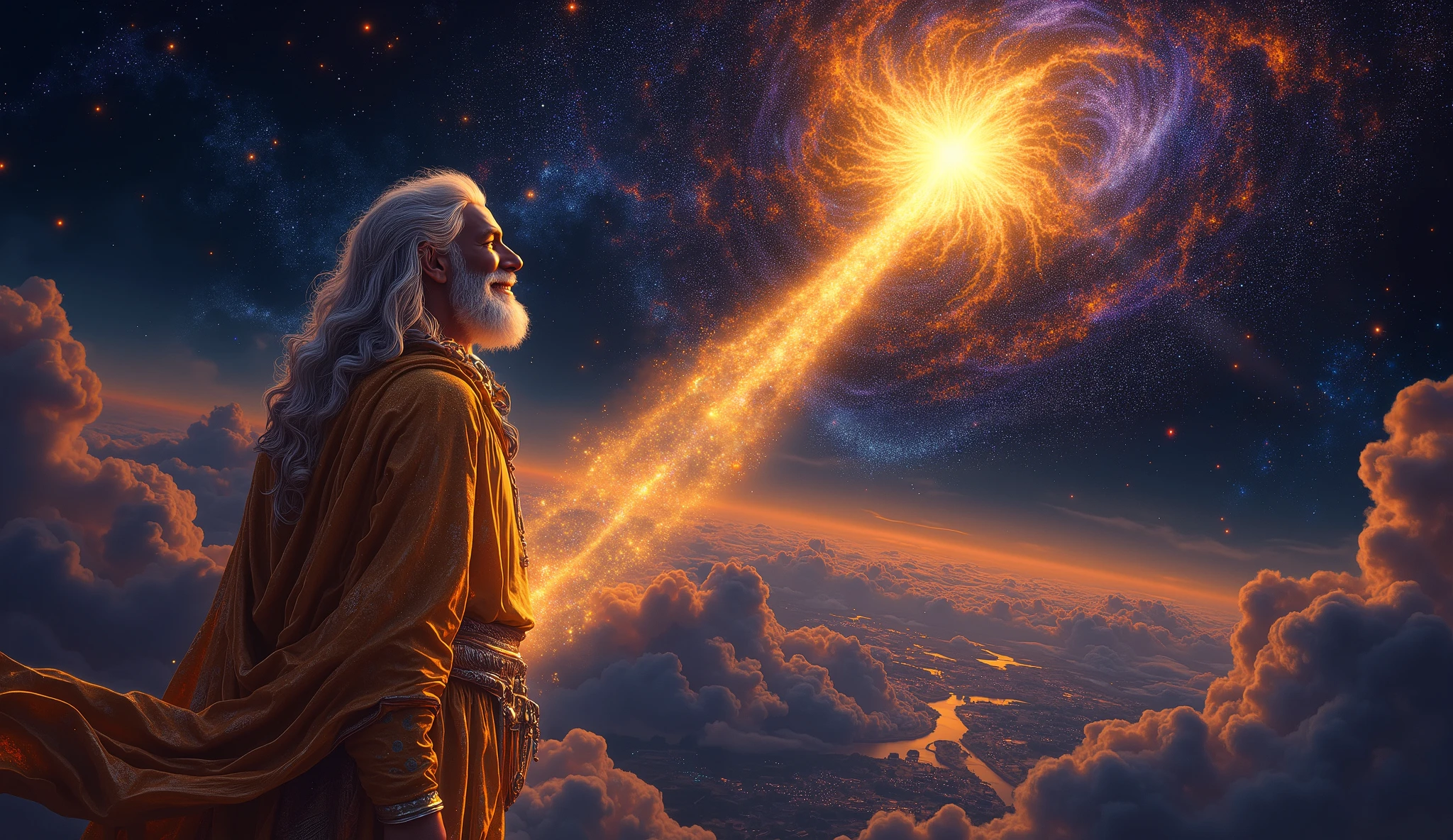 **Image Prompt:**
"Dhruva old man with long white hairs, now transformed into a celestial being, is depicted ascending into the vast expanse of the cosmos, leaving behind the earthly realm. His form glows with a radiant golden aura, symbolizing his divine purity and eternal devotion. His youthful features are serene, with a calm and peaceful smile, as he gazes upward toward the infinite galaxy. His attire is celestial: flowing golden robes edged with silver, shimmering like starlight, and adorned with subtle divine symbols.
As he ascends, his figure dissolves into the brilliance of a singular, radiant star—a bright, immovable point in the Milky Way. Surrounding this star are countless other celestial bodies: stars of varying colors, nebulae glowing in hues of blue, purple, and gold, and swirling galaxies in the infinite reaches of space. The star shines with unparalleled brilliance, standing out as a beacon of devotion, steadfastness, and immortality.
The scene transitions seamlessly from the earthly realm below—a distant view of a verdant kingdom and rivers glowing in the twilight—to the boundless cosmos above. A soft golden light trails from the earth to the heavens, signifying Dhruva’s divine journey. The stars around his celestial form twinkle gently, their light reflecting his story and significance across the universe.
The atmosphere is both awe-inspiring and serene, blending the majesty of the cosmos with the spiritual triumph of Dhruva's eternal legacy as the immortal pole star in the heavens."