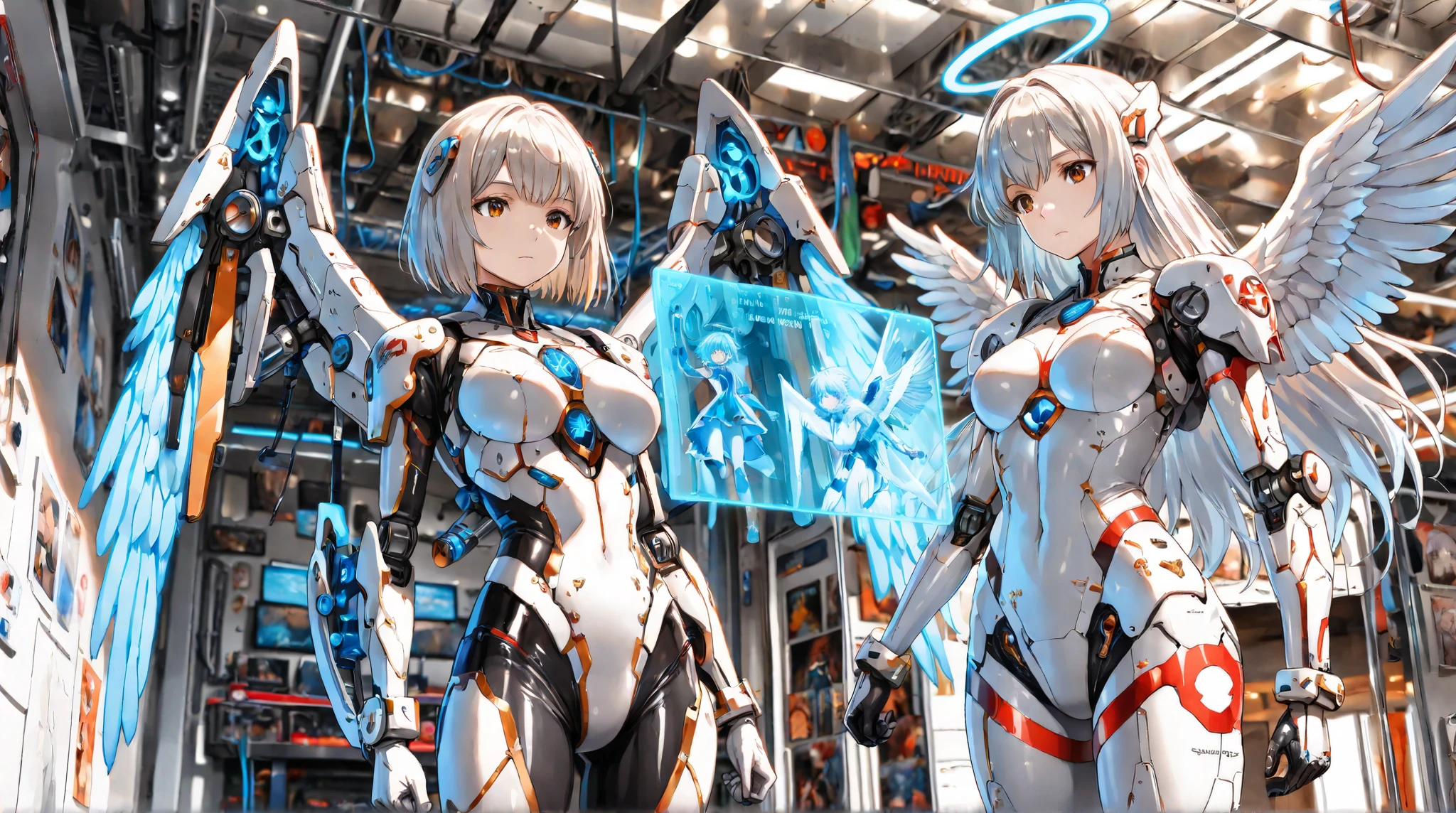 (transcendent beautiful multiple girls:1.5), BREAK, absurdres, very precise detailed, extremely detailed 8K wallpaper, (detailed and beautiful eyes:1.2), BREAK, bodysuit,(group shot:1.5),(machine made joints, machanical limbs:1.2), five fingers, dynamic angle, yuri, futuristic world, cyber punk,