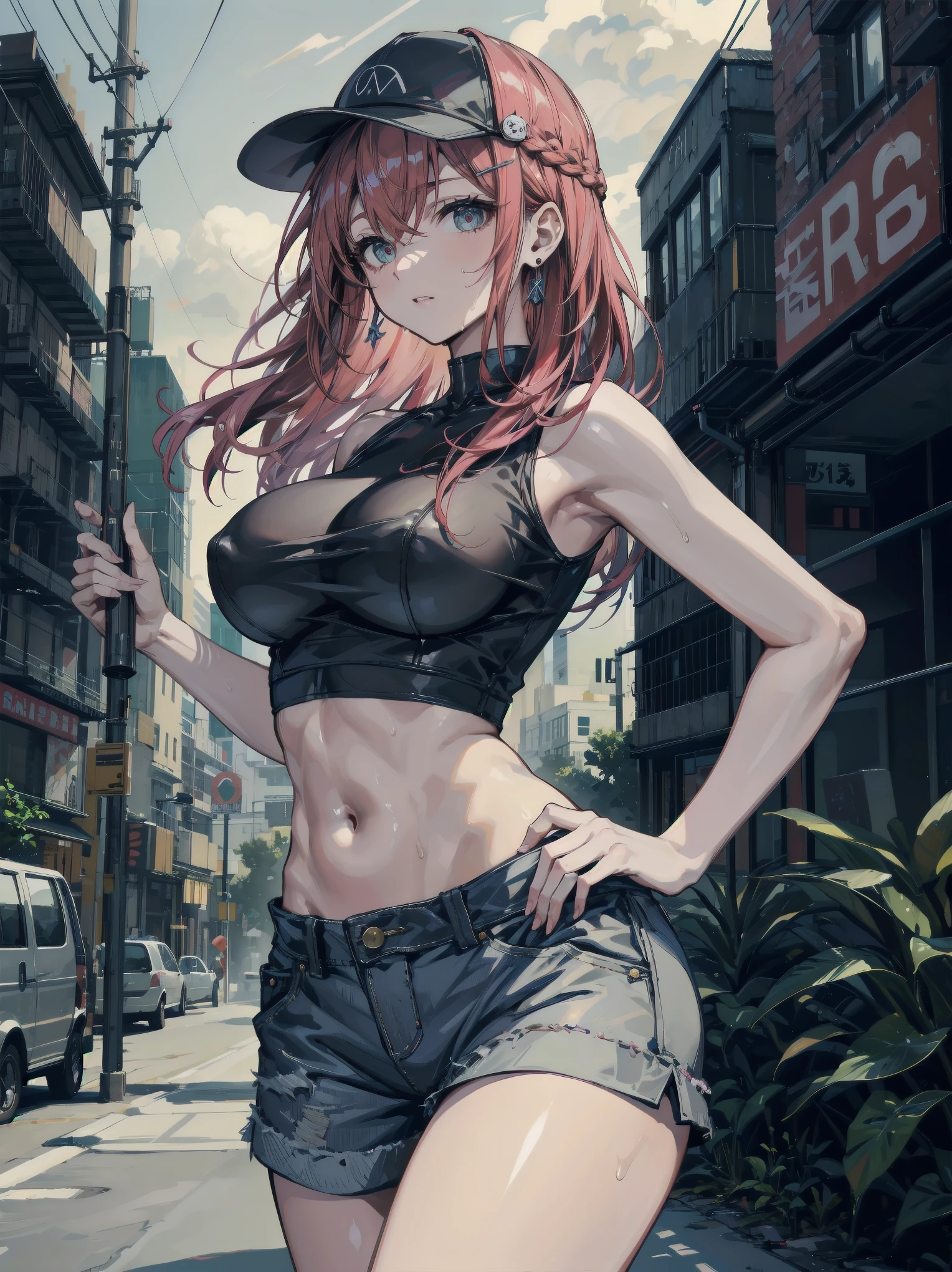 <lora:bremerton:1>bremerton,(masterpiece, best quality:1.2),illustration,8k,hd,beautiful night setting on the city,1girl,solo,cowboy shot,long_hair,pink_hair,pink_eyes,bangs,multicolored_hair,streaked_hair,blush,twintails,cleavage,hair_between_eyes,hair_ornament,grey_hair,mole,two-tone_hair, mole_under_eye ,smile ,navel, sleeveless,sidelocks,x_hair_ornament,collarbone,bare_shoulders,black_shorts,hair_down,red_hair,stomach,thighhighs,white_thighhighs,black_jacket,bracelet,(huge_breasts:1.2),jacket,navel_piercing,piercing,tank_top,