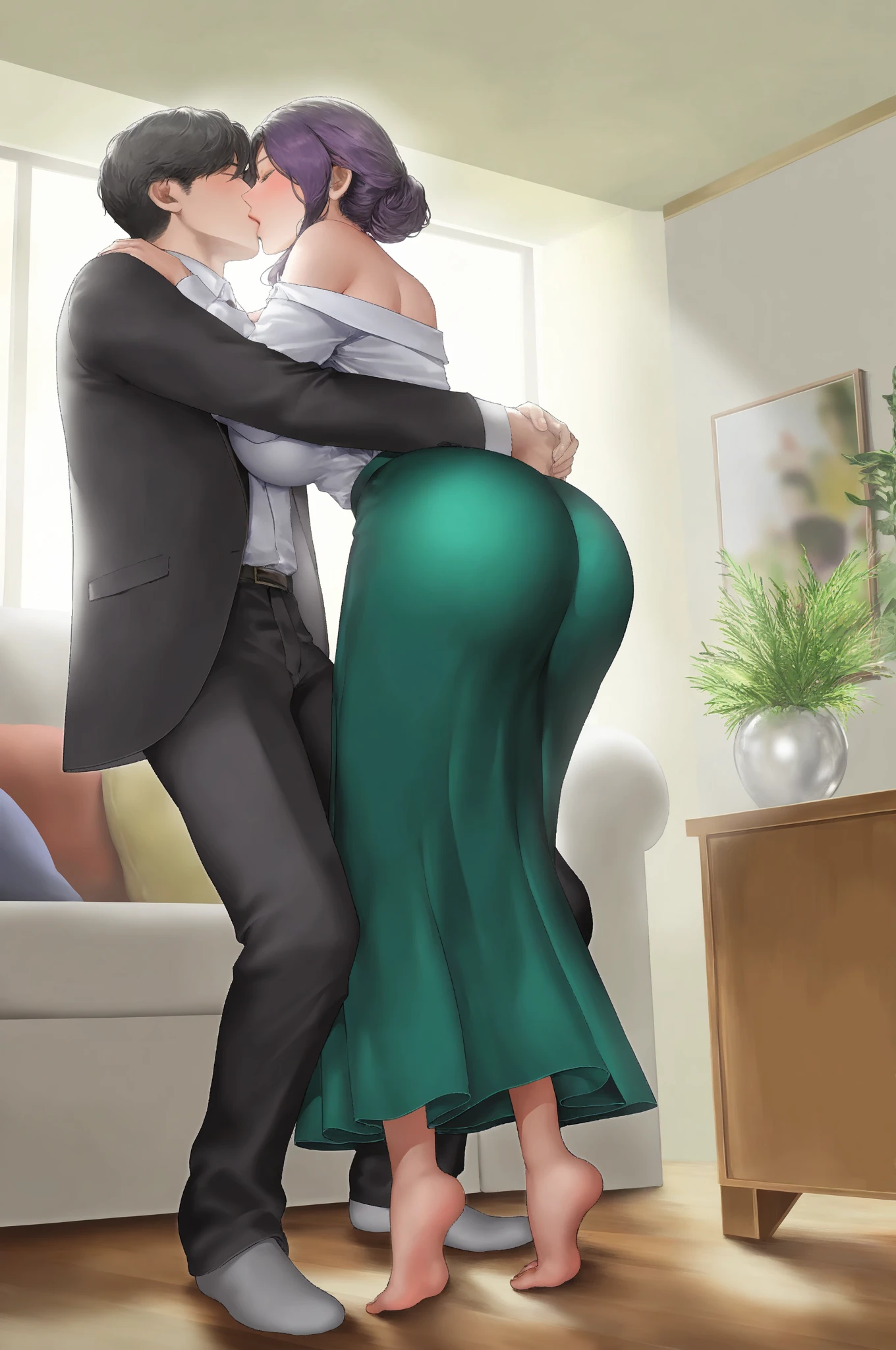 black blazer, black pencil skirt, wide hips, thick legs, thick thighs, wearing black slip on flats, thighs pressed together, standing up, tall and massive man standing right behind minglee, penis between her thighs, thigh job, thigh sex, gasp, surprised, entire body shown, man is behind minglee