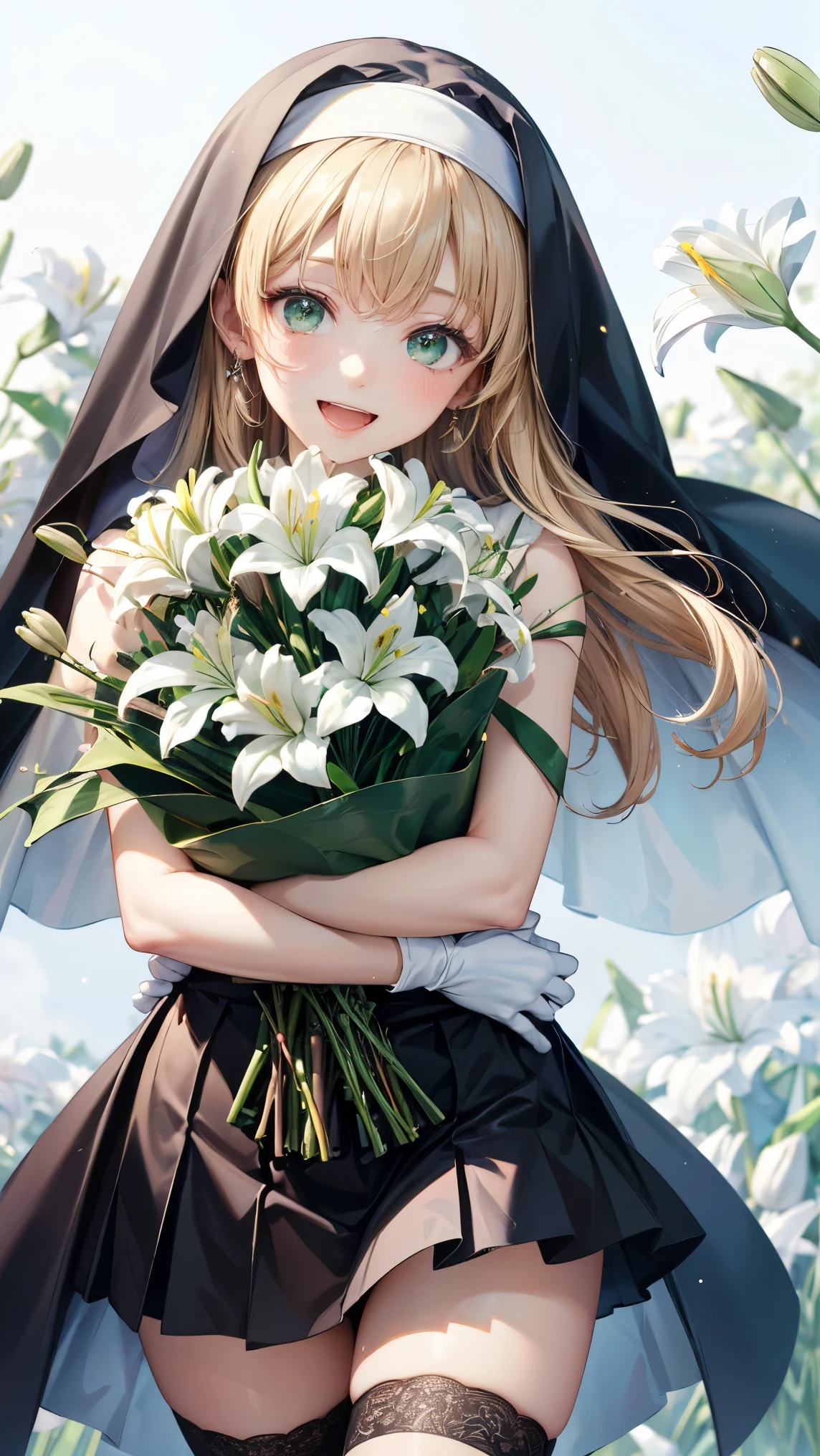 1 girl , long blonde hair ,((Clear green eyes)),(( nun in religious costume sleeping on a book )),((4K,8k,CG Unity,Masterpiece,Masterpiece, best quality :1.5)),Official image,完璧に正Shii解剖学,(( realistic:1.2)), bust up,完璧な美Shii少女 , very cute face,美Shii女性, Supermodel ,細部に至るまで美Shiiタッチ,美Shii唇, High Definition Acrylic Painting , Very Beautiful and Smooth Hair , professional writing ,((A big laughing expression)),Perfect hand shape, black pleated micro mini skirt, Black Thigh High Stockings ,white gloves, Small Sparkling Earrings , simple white background, backlit,god々Shii,((Poses hugging a large bouquet of lilies:1.3)),とても嬉Shii, so happy,(( very happy big smile )), open your mouth and laugh,Very cute,Best Work of Art ,Very fantastic,Very healing atmosphere