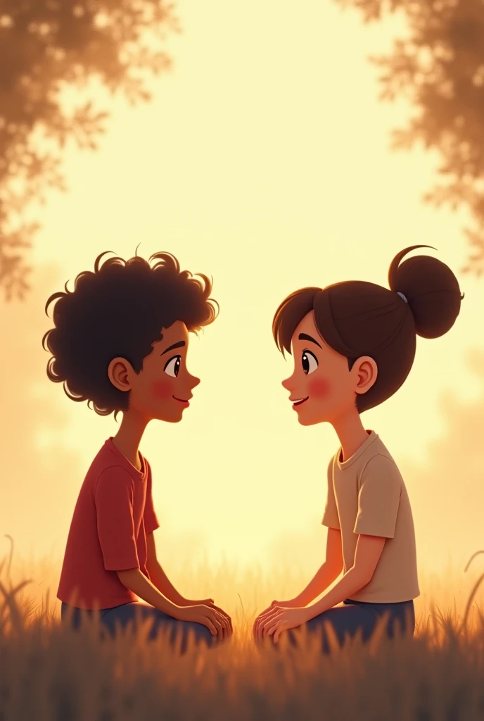 A girl leaning to the shoulders of the boy while the hands of the girl are on his shoulders while they look in different directions