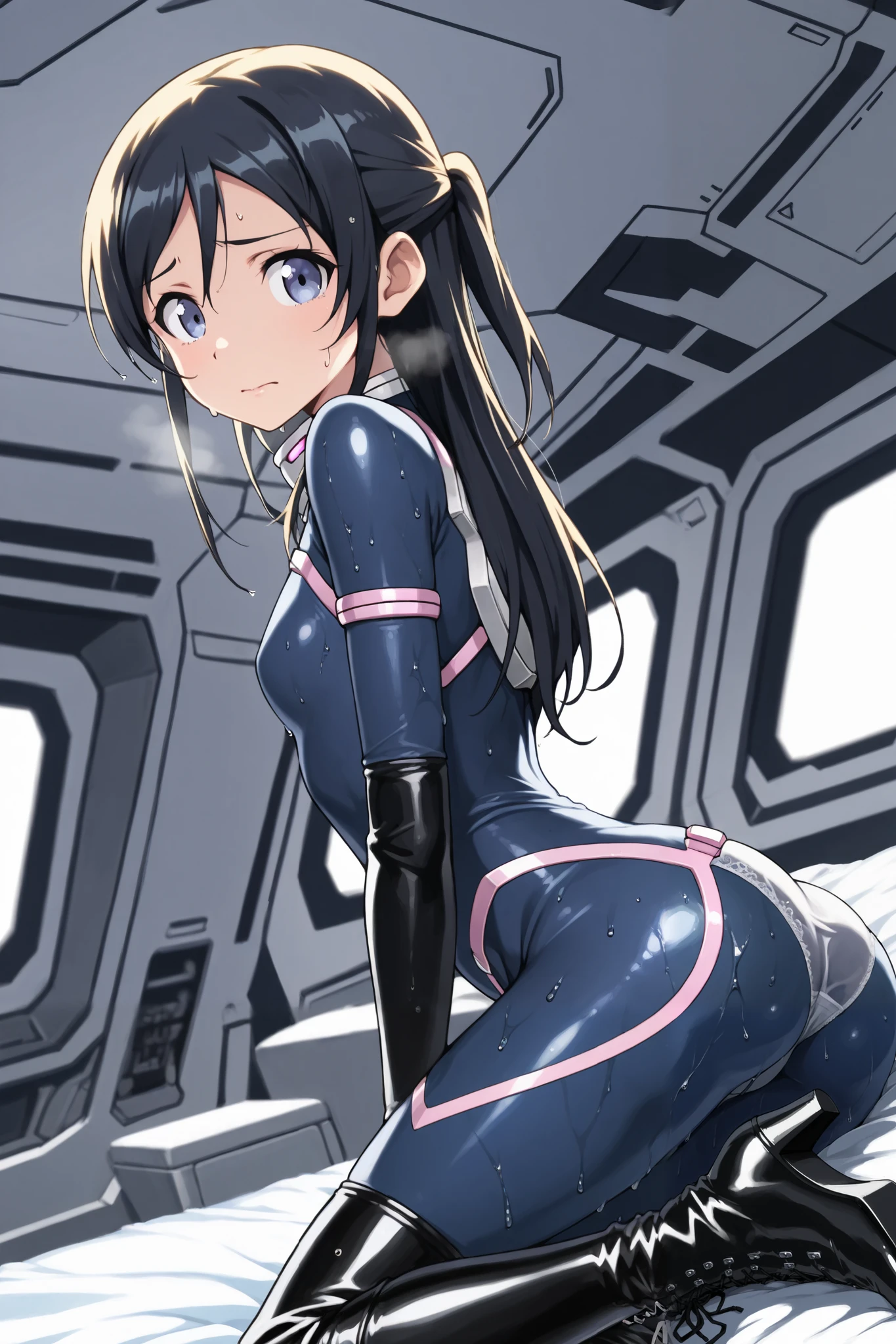 ayase_aragaki,1 female,solo,
I_,wet black hair,long hair,half updo,hair between eyes,blue eyes,
anime,looking at viewer,blurry background,
Dignified,Nervous,fighter cockpit,
lace up boots,thigh-high boots,pilot suit(1.3),high heels,elbow gloves,
beautiful legs,very thin thighs,thin calves,beautiful face,beautiful skin,small breast,nallow waist,butt close-up,Sweaty,White Breath,I can see her panties,anatomically correct,
highest quality,masterpiece,high definition,soft lighting,
indoors,on bed,bed room,cowboy shot,dutch angle
