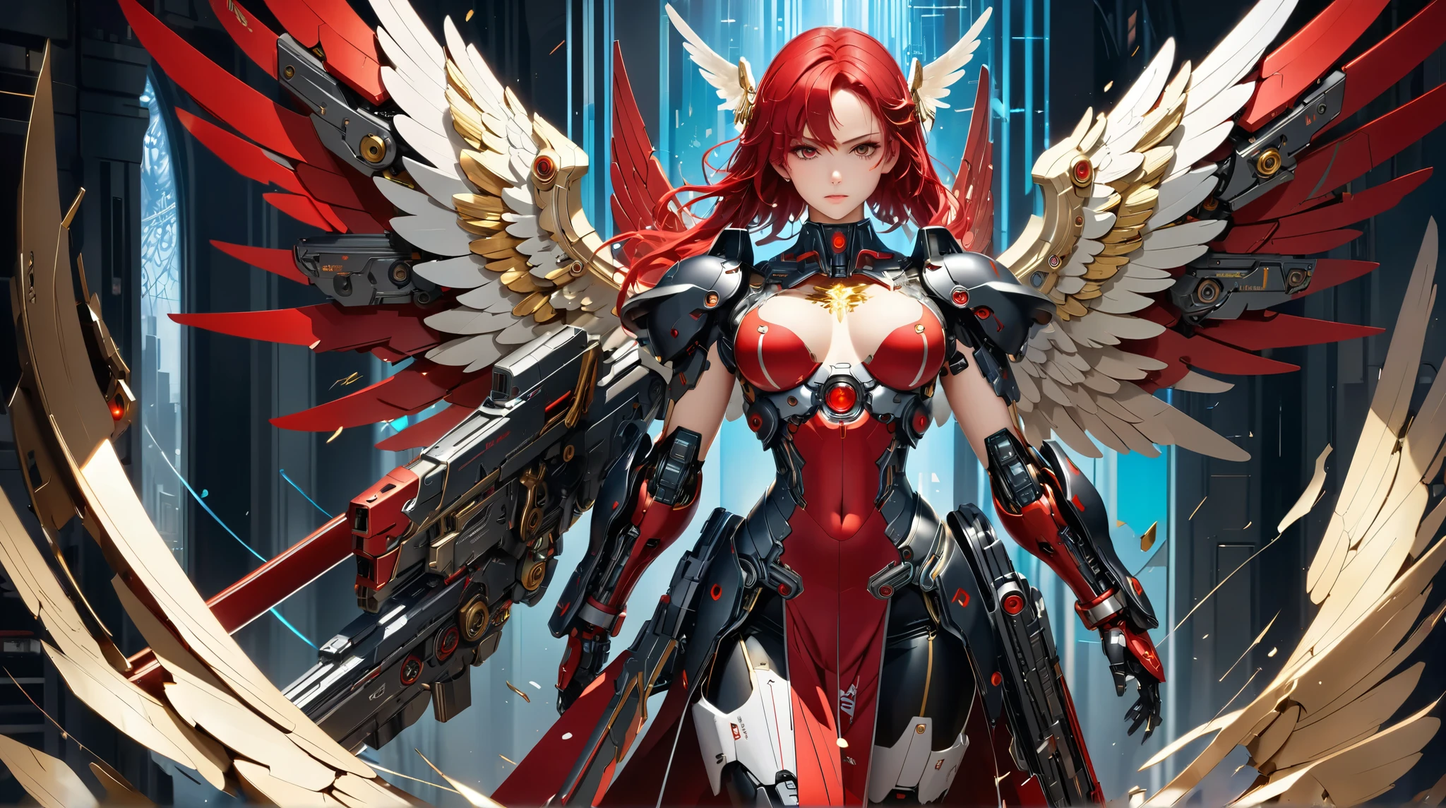 (8k, RAW photo, best quality, masterpiece:1.2), (realistic, photo-realistic:1.37), ultra high res, ultra-detailed ,full body, ((full-body shot)), woman, beautiful detailed eyes, beautiful detailed lips, professional lighting, photon mapping, radiosity, physically-based rendering, detailed symmetrical lips, extremely detailed eyes and face, symmetrical mouth, extremely detailed face, symmetrical eyes ,detailed eyebrows, extremely detailed eyes, beautiful detailed eyes, extremely detailed face , light on face, (full body), looking at viewer, ((red hair)), ((long hair)), ((fairy)), ((red mecha suit)), ((red neon mechanical fire wings)), ((cyberpunk)), ((legs)), ((energy core at centre of body)), ((fire sword)), _stardeaf-cold-arc_ ((octane render))