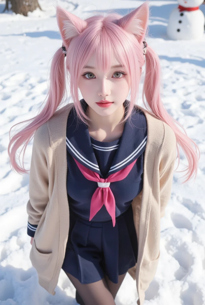pretty girl ,Pink Hair、low twintails、 Long Twin Tails、Pink cat ears、 green eyes, navy blue sailor suit for elementary school students、pink school ribbon 、 Long Sleeve 、beige cardigan with a very long hem、 navy blue pleated skirt、snow field、 hair clip、Open the front of the cardigan, colorful ,Cat Pose、smile、not a braid,from above,,snowman on the background