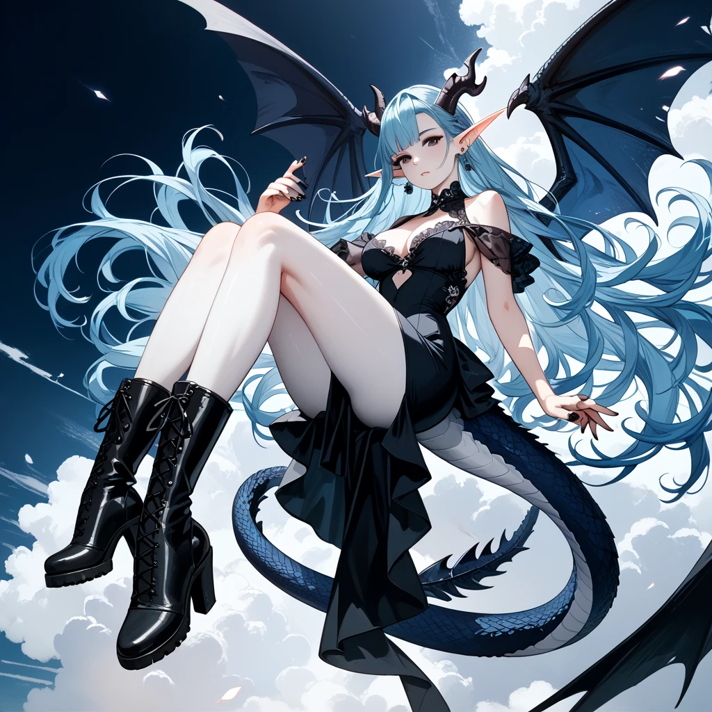 Absurd resolution, high resolution, (masterpiece: 1.4), super detailed, Depict an 18-year-old dragon girl radiating allure. NO wings, long, flowing, colorful blue hair cascading down her beautiful body. Emphasize her captivating eyes, drawing attention to their alluring gaze. Include a distinctive blue tail, complementing her overall aesthetic. Capture her in a full-body composition that highlights both her dragon essence and irresistible charm. blue hair, long hair, slighy tan.