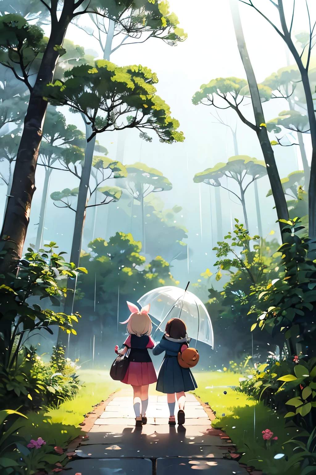 ( best quality :1.2)。Walk with a snail 。 One Girl。 cute fairy 。(The leaves of the tree) like an umbrella。 Take a Big Snail with You、Happy Marching 。 In the Light Fog 。 Light Rain Is Falling 。 The Background Is a Foggy Magical Forest 。