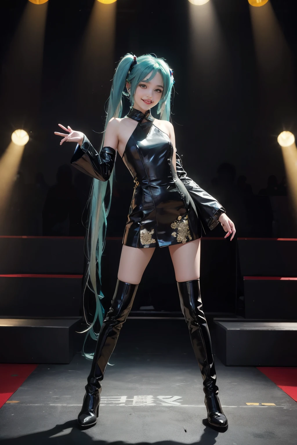 real 、 Hatsune Miku 、 photorealistic、masterpiece、 best quality 、Idol_costume、Knee Boots、 One Girl、Alone、smile、Idol、whole body、 viewers、 long dark hair、 green twin tail、Standing with their feet aligned on a stage where no one else is、 Stage Spotlight 、Portrait of the whole body on the front