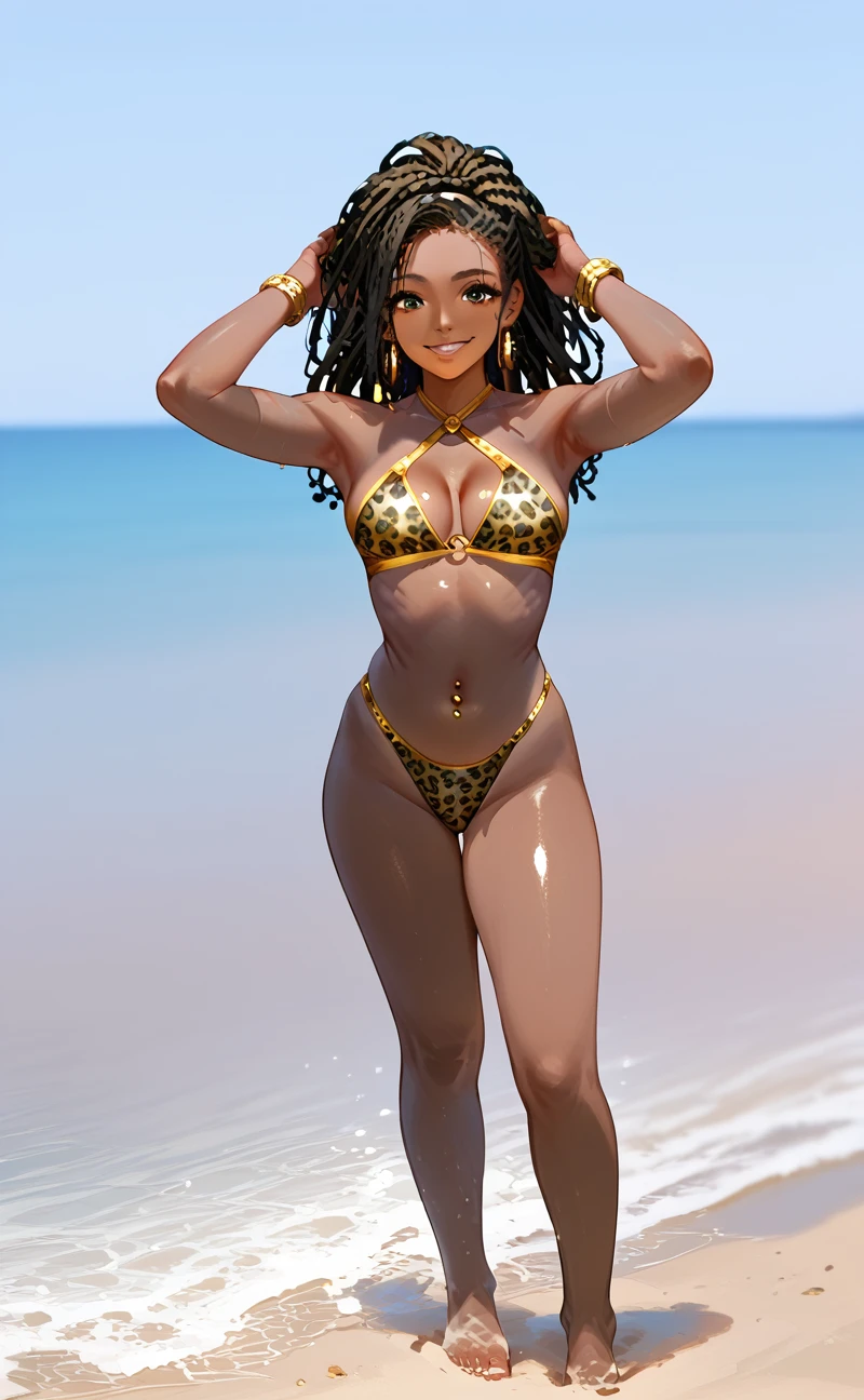 Create a black woman,goddess, beautiful, fine details: black eyes and face extremely detailed, nikon d850 camera, film stock photography 4 kodak portra 400, f1.6 lens, rich colors hyper realistic, realistic texture dramatic lighting unrealengine trend in artstation cinestill 800 tungsten. Beautiful black woman, 27 years old, posing, standing for a photo, in the background trees and blizzard, normal body, normal ass, smiling, excited, (The bikini is a small and quite bold piece. The top is of the band type, with bulge and rim, in a white color that contrasts with the neon lilac straps that tie behind the neck. The white panties are floss-like, with thin side straps that add an extra touch of sensuality. The look is finished with gold metal details, which bring glamour to the set. This bikini is ideal for women who like to dare and be the center of attention on the beach or in the pool, beautiful black woman:1.25). --auto --s2