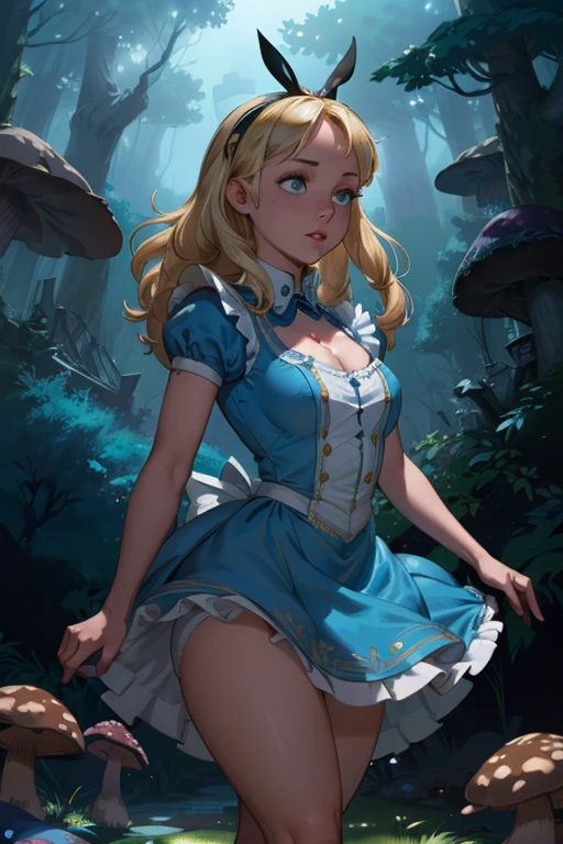 A dark gothic Alice in Wonderland, a beautiful 20 year old blonde woman with big messy hair in a tattered sheer black dress, white stripe stockings, black headband, cleavage, holding a glowing mushroom, sitting on a giant mushroom, dark fantasy art style, cartoon vibrant, detailed digital art, glossy digital painting.