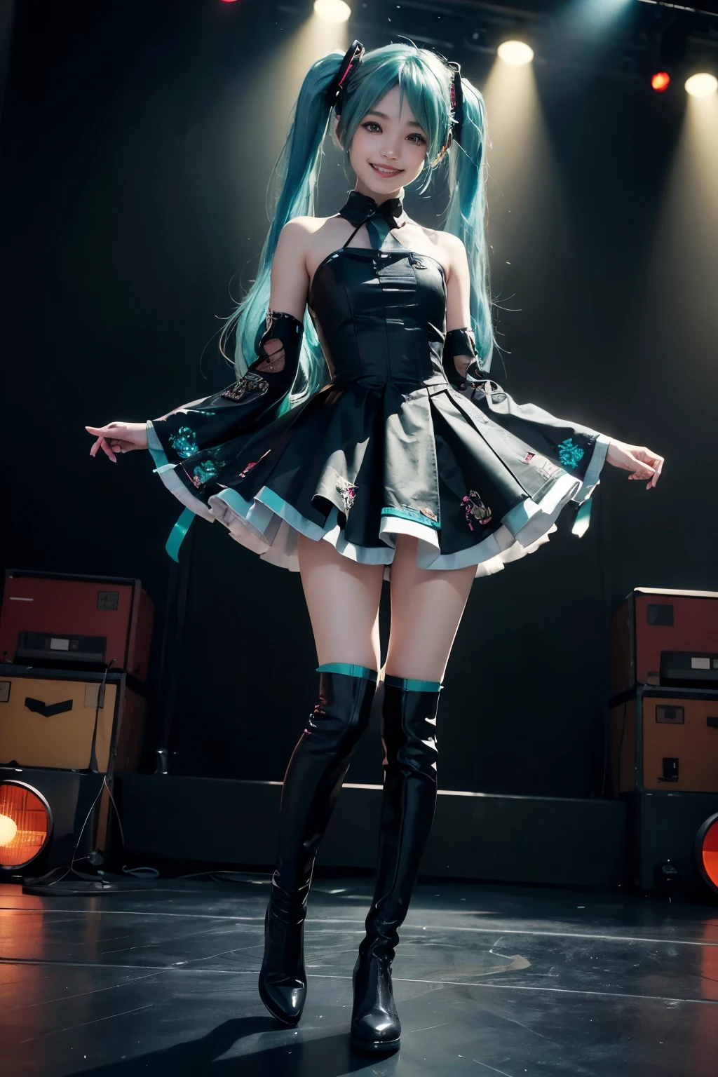 real 、 Hatsune Miku 、 photorealistic、masterpiece、 best quality 、Idol_costume、Knee Boots、 One Girl、Alone、smile、Idol、whole body、 viewers、 long dark hair、 green twin tail、Standing with their feet aligned on a stage where no one else is、 Stage Spotlight 、Portrait of the whole body on the front