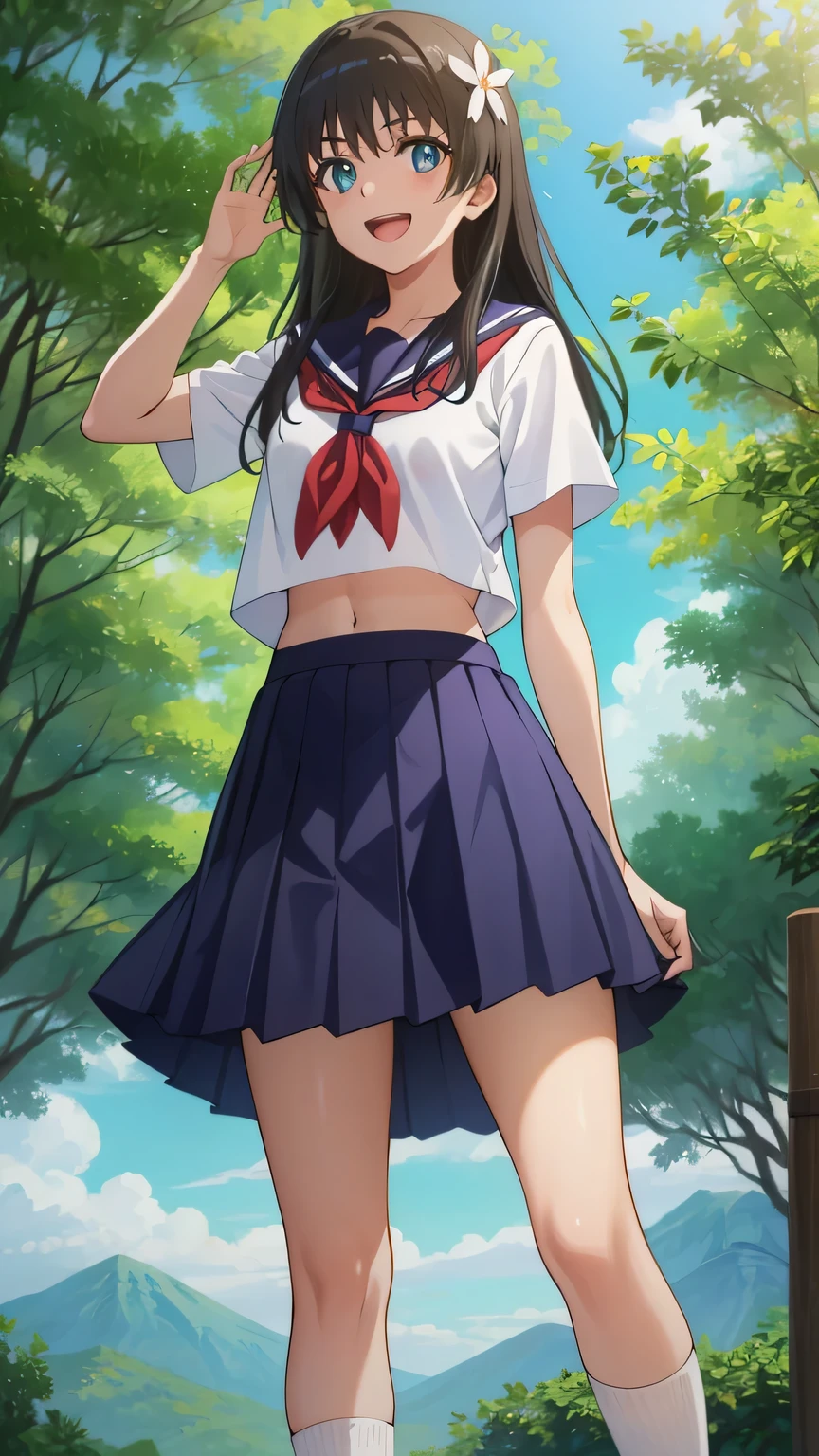 saten_ruiko, 1girl,18yo,good anatomy, masterpiece, best quality,realistic, hyperrealistic, 16k hdr, sailor school uniform, skirt,earrings,red neck ribbon, outdoors, sunny, detailed blue sky,strong wind,from below,micro panties,smile,sexy pose,dynamic pose,navel,,spread legs