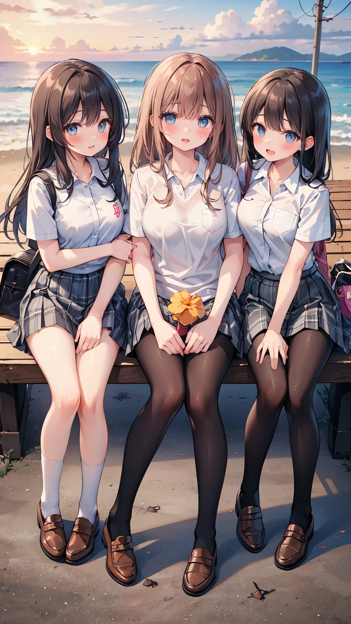 Three happy girls were sitting on the stone steps, Take a full body photo、Have fun and laugh、She was wearing a white blouse, バンズ sneakers, Red checked skirt、白いsneakers, Black Hair, detached houses, Flowers,Happy girl with round face, Big eyes, Long eyelashes, Full-body display、Detailed Private Parts、Hairless、Detailed female genitalia、Spread your legs、真From below、I see your white pants、Highest quality, 超High resolution, (Realistic: )2D official style cel animation,((Like Hayate!Three girls sitting in a row。))mini skirt,summer shirt,(Lace panties),loose socks,sneakers,Full body portrait,(From below),Station stairs,sunny,Troubled face,Spread your legs(Two Girls), (Highest quality), (Super detailed), (Detailed light), (Very delicate and beautiful), Brown Hair, Brown eyes, model, (Beautiful big boobs:1.3), Bare shoulders, (Bare Chest:1.2), (High School Uniform, Pleated skirt:1.3), (High with wide open breasts:1.4), Highest quality, Highly detailed CG synthesis 8k wallpaper, High resolutionRAWカラー写真, Professional photography, (((Bokeh))), Depth of written boundary, Beach, Ocean, Twilight, sunset, White panties、Brown Loafers、smile、Bright classroom、(((alone))),(((1 girl))), Slim and beautiful thighs, Highly detailed skin, masterpiece, Highest quality, 非常にDetailed face, Vibrant colors, Depth of written boundary, Cinema Lighting,, One girl, alone, Brown eyes, Brown Hair, hair ornaments,short hair,Red Check Skirt,blush, White shirt, masterpiece Highest quality High resolution、Sit with your knees bent、Beautiful feet 、On campus、まるでFrom below見上げるかのように、Embarrassing,Browsing Caution,White panties,Camel Toe、((Tabletop, Highest quality, High resolution, Pixel perfect, 4K, ))), 1 Girl, single, alone, Beautiful woman、I could see the whole body、 ((Short Wavy Hair, bangs, Brown Hair)), ((Brown eyes, Beautiful eyelashes, Realistic eyes)), ((Detailed face, blush:1.2)), ((Smooth texture:0.75, Realistic texture:0.65, Realistic:1.1, Anime CG Style)), Medium chest, Dynamic Angle, Perfect body, ((school uniform, White shirt, Red Skirt, Unbuttoned shirt、Red Check Skirt、White socks)), An empty classroom、Sit at a desk、I took my feet off the desk.、smile、(Lift up your skirt with your right hand、Spread your legs、Knees wide open、白いLace panties)、、(Cute Bra)、From belowの角度