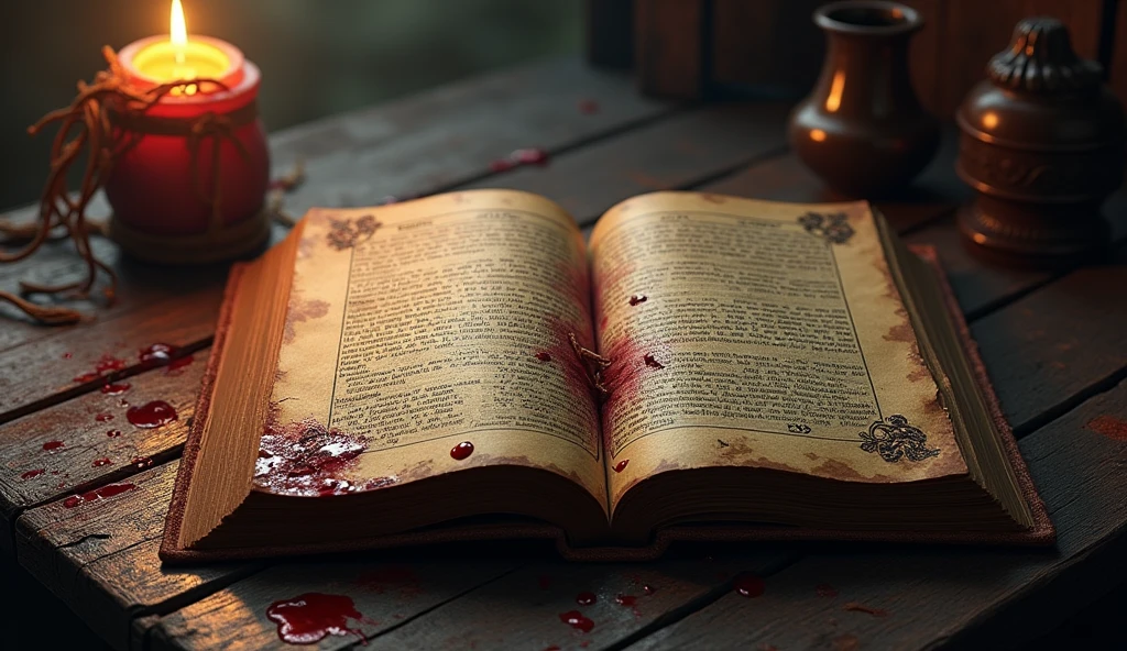 an old curse book with red writing, blood stained pages and torn pages, there is a small candle on the table. The book is open on a dark wooden table, the place is poorly lit
