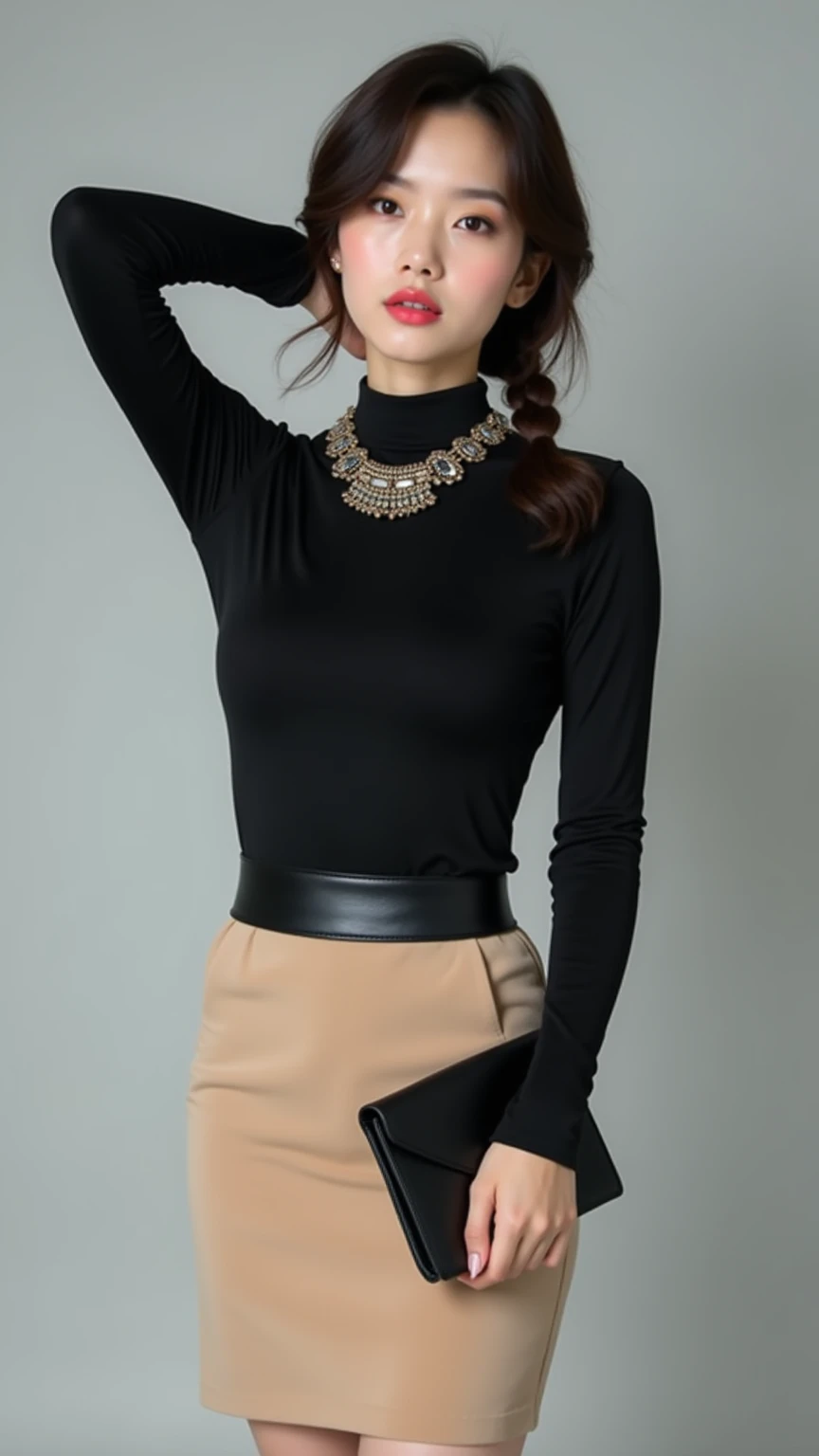 Mayuzumi Fuyuko, 1 girl, alone, black hair, have, decorations, long hair, look at viewer, smooth, earring, skirt, white background, smile, shirt, พื้นหลังที่smoothง่าย, heart earring, long sleeve, heart, black hat, black shirt, frilled choker, chest, brown eyes, choker, blunt smooth, upper body, beret hat, medium chest, brown skirt, court, nail polish, ribbon, red nails, gag, animal print, Blush, แขนcourt, leopard print, neck ribbon, own hands together