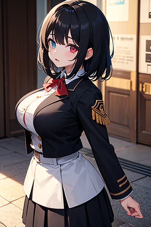 Face Focus , ((Highest quality)), ((Tabletop)), Perfect Face, (((White knee-highs))) , Official Art,Black knee-high socks,Beautiful Face,Standing posture,White tights,((((Thick thighs)))),short hair,Black Hair,Plump,((((uniform)))),((((Black gloves)))),Earrings,(Huge breasts),Standing posture,valley,Shorts,blue sky,Outdoor,garden,Red Eyes,Estrus,Sweat,See-through