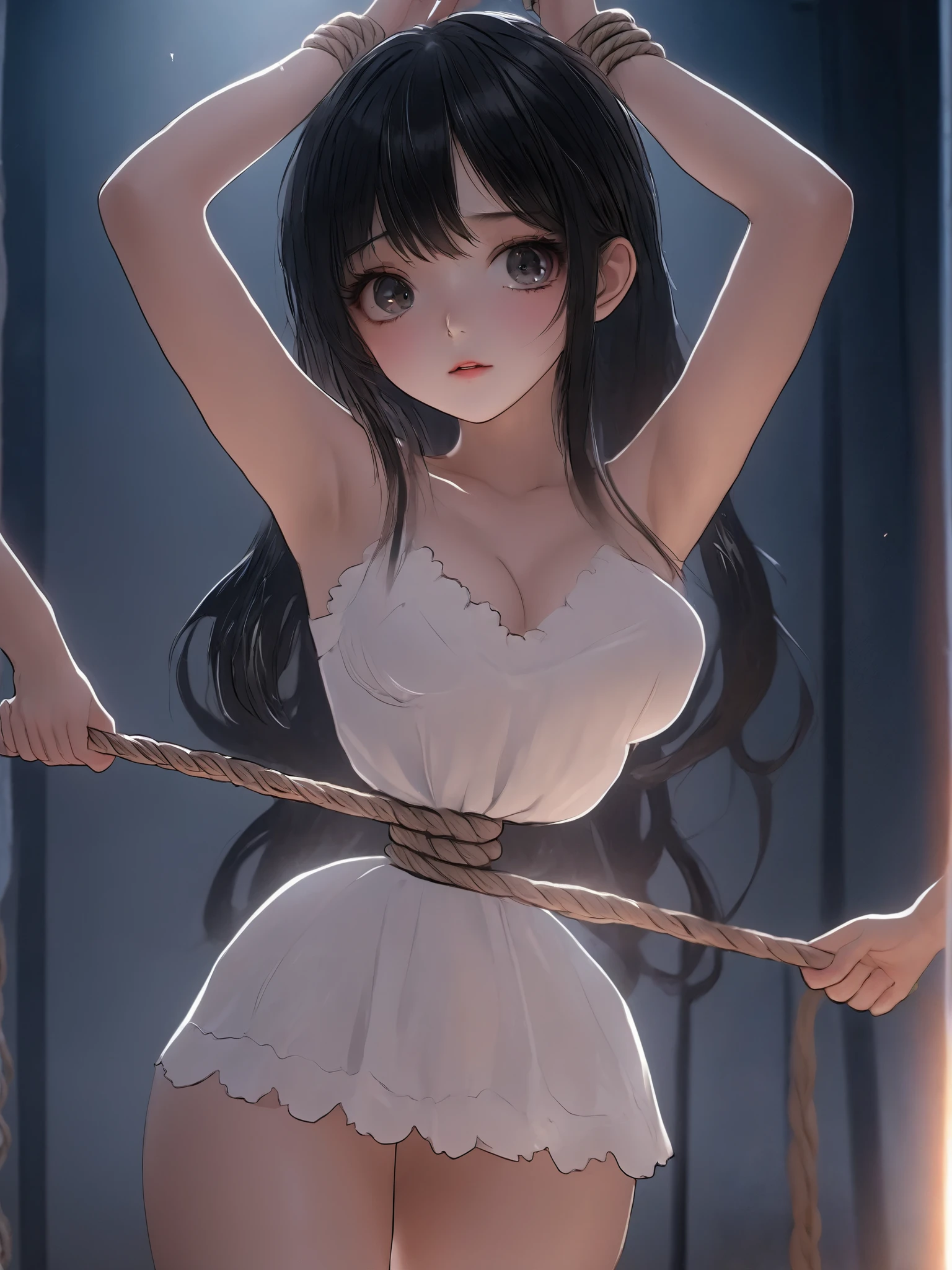 ((anime style ))),(( masterpiece )), (( top quality)), (super detailed ),torture chamber,((( hemp rope tightly tightning around her waist))), cute girl,  1 girl,white shiny lace slip dress ,beautiful black hair,(   beautiful black eyes),long hair,expression of pain 