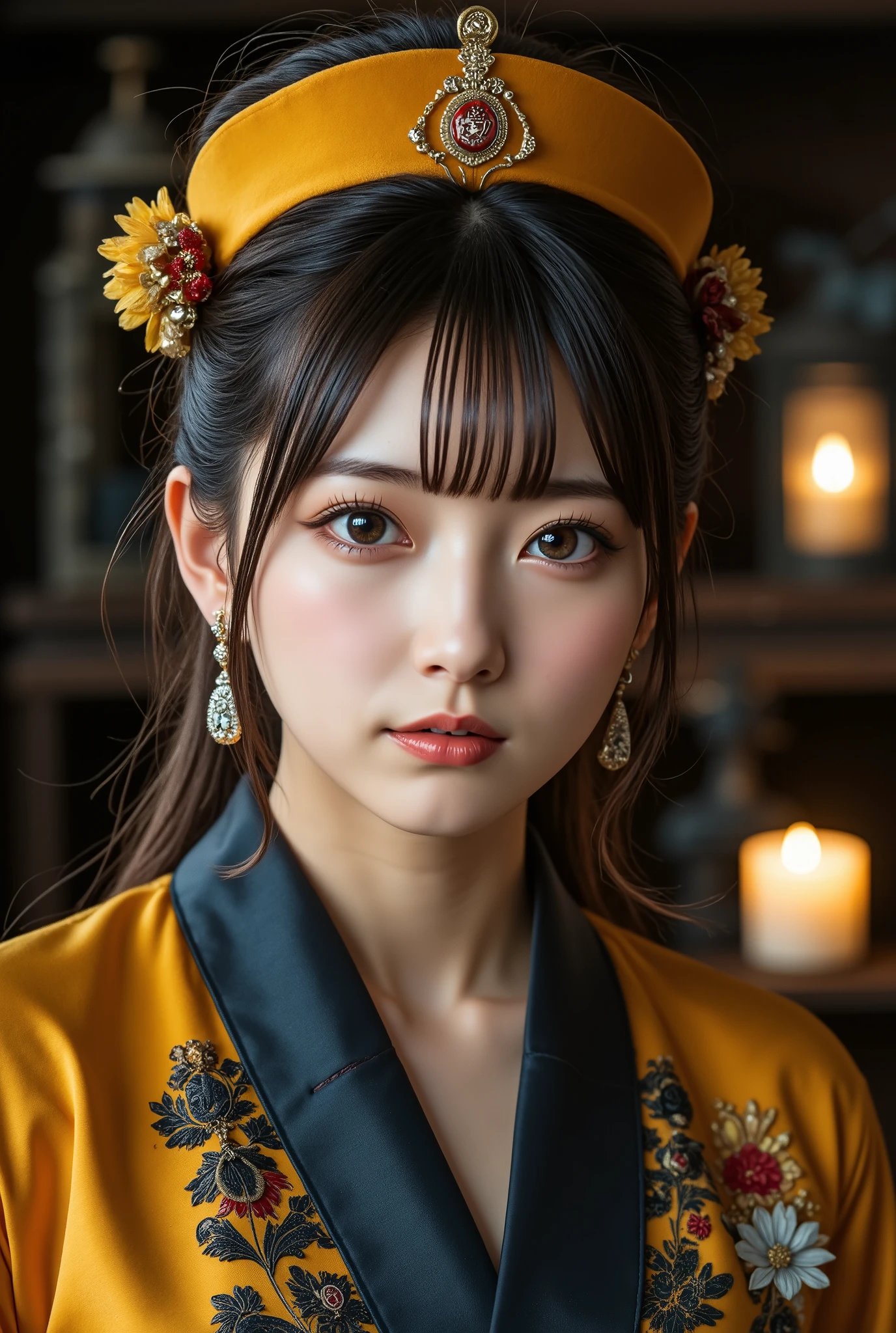 cute girl , Qing dynasty official uniform ,Single claw , red spell on yellow bill,FEMININE GOTHIC AESTHETICS , Close up details, Detail shot, clear details, ARTY LOVE BLOW STYLE , Silkscreen Art, close-up pictures , EXTRA FINE INK DETAILS , SILKSCREEN PRINT , very detailed,vulgar , wear a warm hat with a yellow bill,Chinese horror art ,candle,coffin