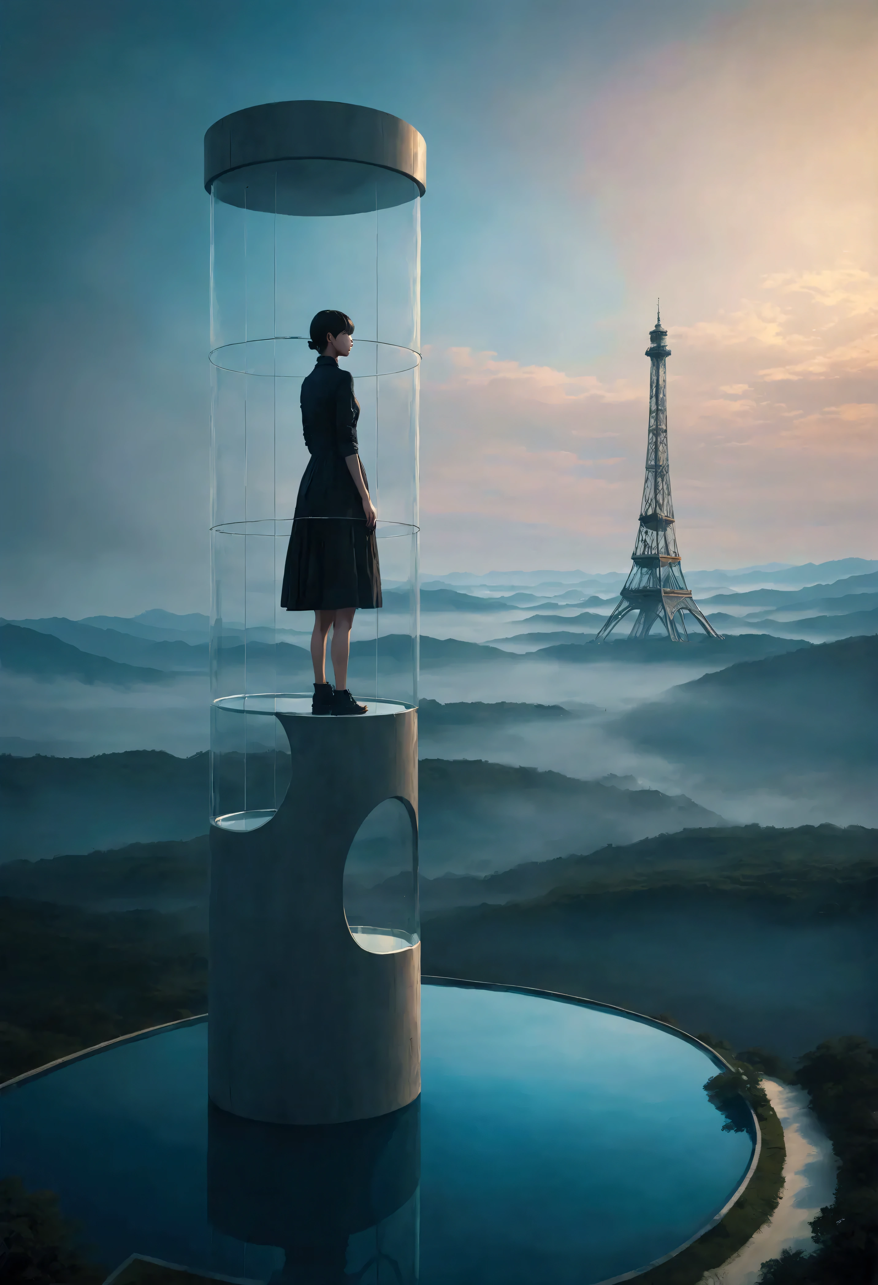 sst, Girl standing on top of a glass tower、 surreal landscape