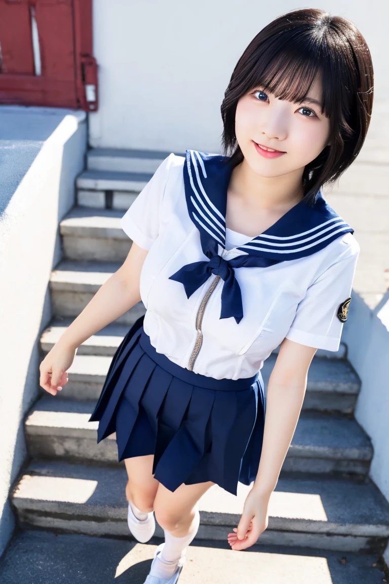 8K, Ultra-high resolution, Highest quality, masterpiece, 三分割法によるphotograph,Surreal, photograph, 1 girl, (:1.3), pretty girl, Cute face, Beautiful eyes in every detail, 細かくdetailedに,masterpiece,, One Girl:1.2, Japan Female Announcer,whole body、Black Hair、well-groomed eyebrows、Cute Lip Makeup、Calm atmosphere、A short-sleeved shiny dark sailor suit、White sailor collar、Navy blue pleated skirt、Red ribbon、White Stockings、Standing by the window of a classroom、Cute gestures、so beautiful,A carefree smile,Healing the heart,ponytail,Looking at the audience、beauty,Long neck、Laugh a little、Please close your mouth and laugh、(((Ideal body type))),A-cup small breasts :2,、Portraiture:2、Perfect Anatomy、鮮明なdetailed、detailed、Surreal、Light and shadow,Strong light