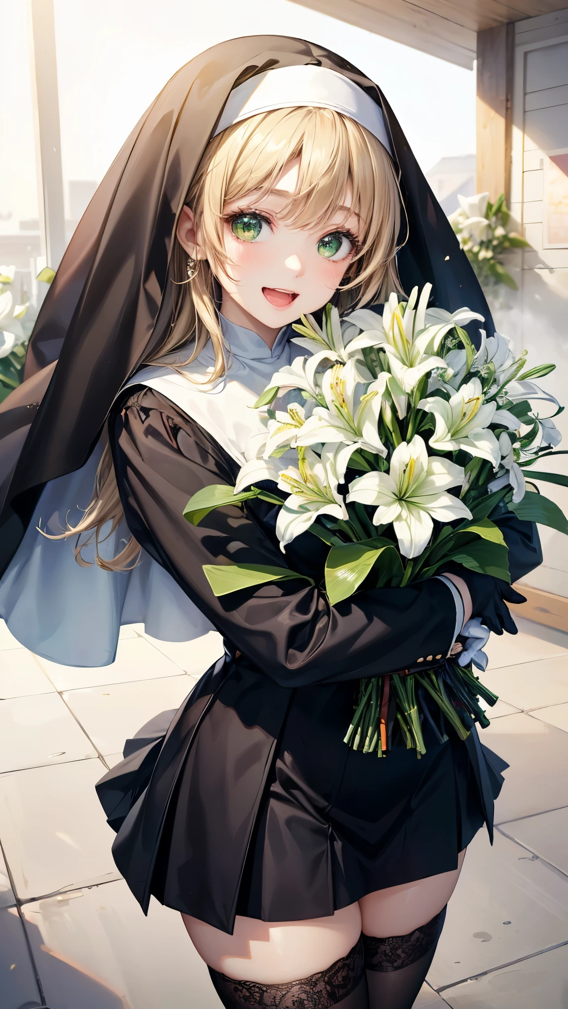 1 girl , long blonde hair ,((Clear green eyes)),(( nun in religious costume sleeping on a book )),((4K,8k,CG Unity,Masterpiece,Masterpiece, best quality :1.5)),Official image,完璧に正Shii解剖学,(( realistic:1.2)), bust up,完璧な美Shii少女 , very cute face,美Shii女性, Supermodel ,細部に至るまで美Shiiタッチ,美Shii唇, High Definition Acrylic Painting , Very Beautiful and Smooth Hair , professional writing ,((A big laughing expression)),Perfect hand shape, black pleated micro mini skirt, Black Thigh High Stockings ,white gloves, Small Sparkling Earrings , simple white background, backlit,god々Shii,((Poses hugging a large bouquet of lilies:1.3)),とても嬉Shii, so happy,(( very happy big smile )), open your mouth and laugh,Very cute,Best Work of Art ,Very fantastic,Very healing atmosphere