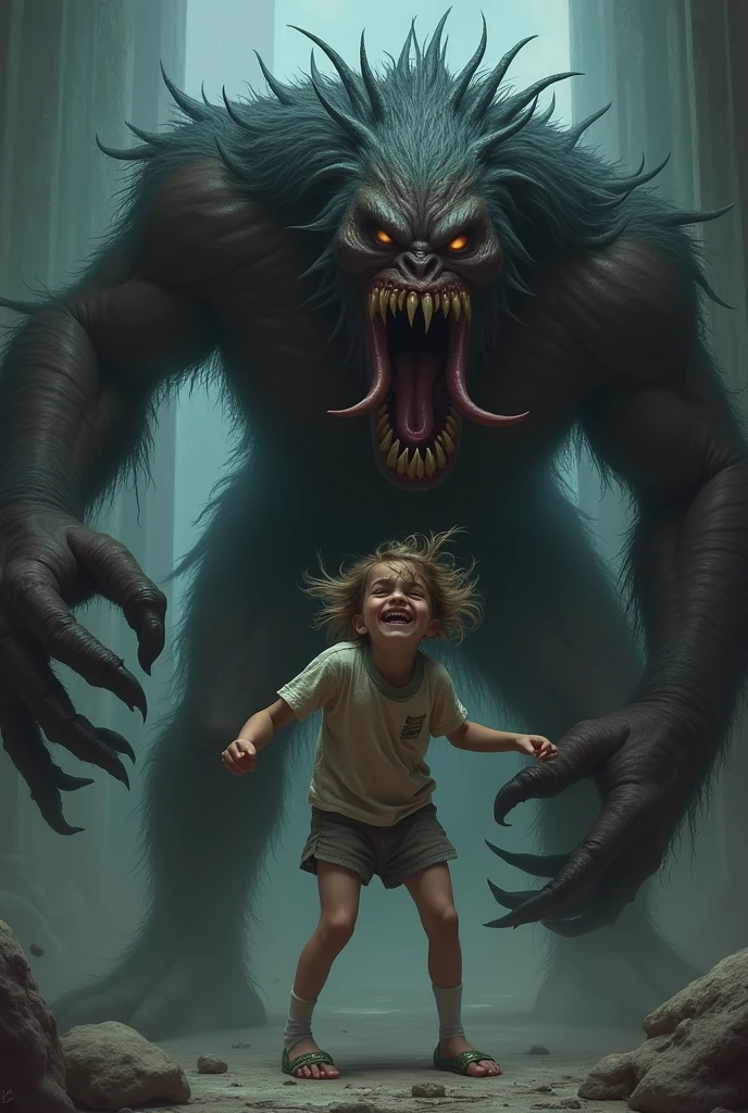 a Monster black with red eyes, he grab in your hand a very young girl , Village scenery in flames. 