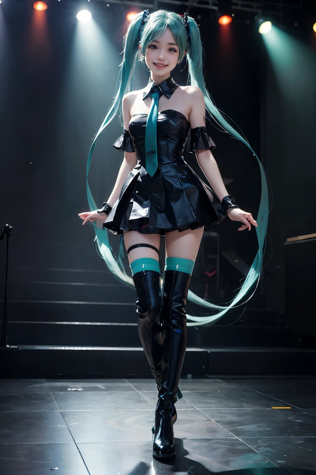 real 、 Hatsune Miku 、 photorealistic、masterpiece、 best quality 、Idol_costume、Knee Boots、 One Girl、Alone、smile、Idol、whole body、 viewers、 long dark hair、 green twin tail、Standing with their feet aligned on a stage where no one else is、 Stage Spotlight 、Portrait of the whole body on the front