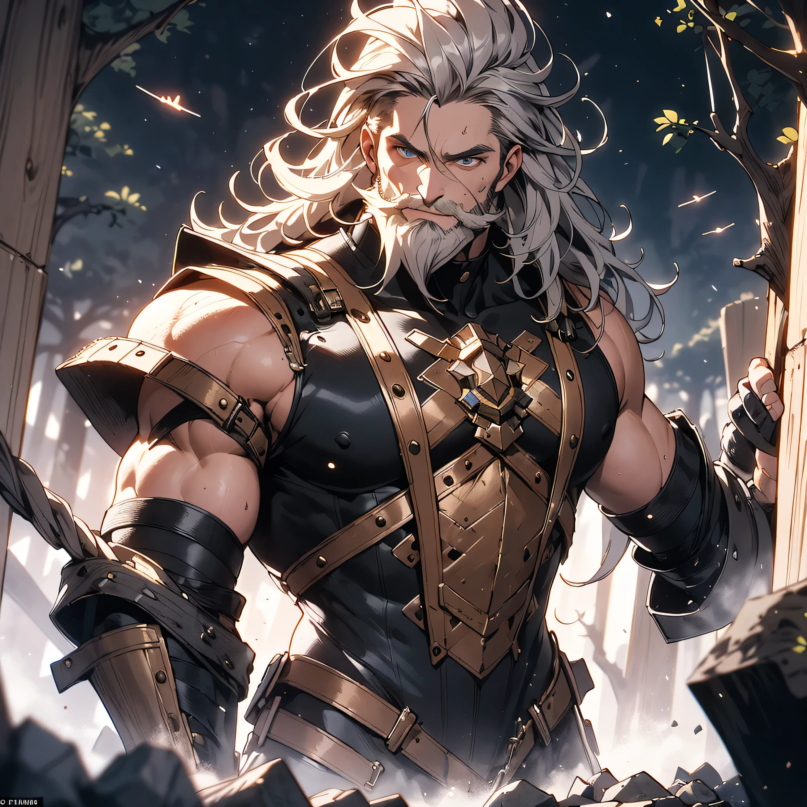 African black,Handsome man, Long hair, Silver Hair, His hair is tied back,Silver Hair的怪物猎人,Cat-like amber eyes,There are some injuries on the face,Rugged,muscular,Worn-out clothes、Black leather armor with battle scars,It is decorated with trinkets and trophies from past hunts.,There are claw marks and teeth embedded in the leather armor.,Amber Halo, Brown Halo, Handsome, high quality,