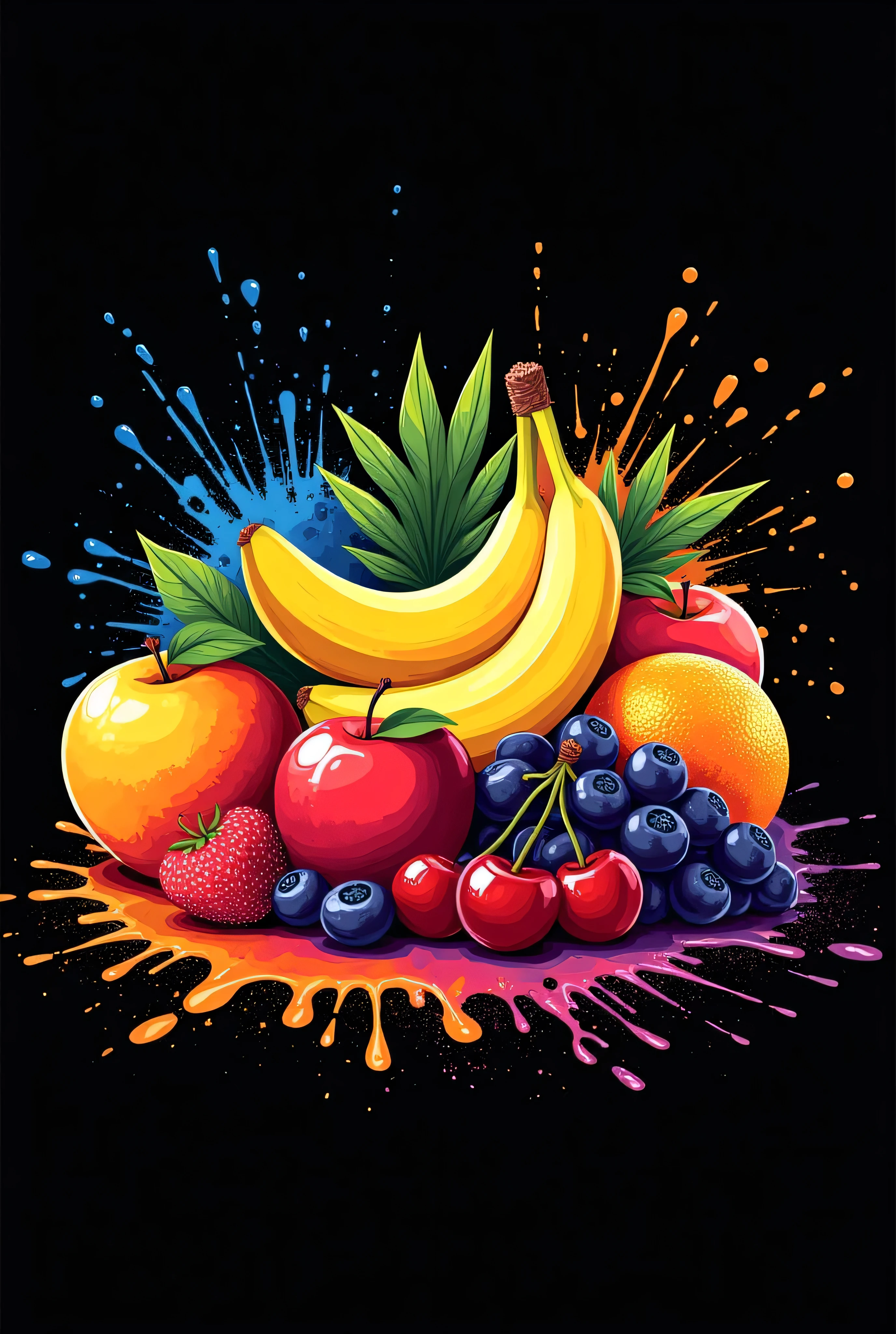 all kinds of fruits banana, apple, berry, mango, orange, cherry, grape, etc surrounded by color paint in black background, illustration style, vector style