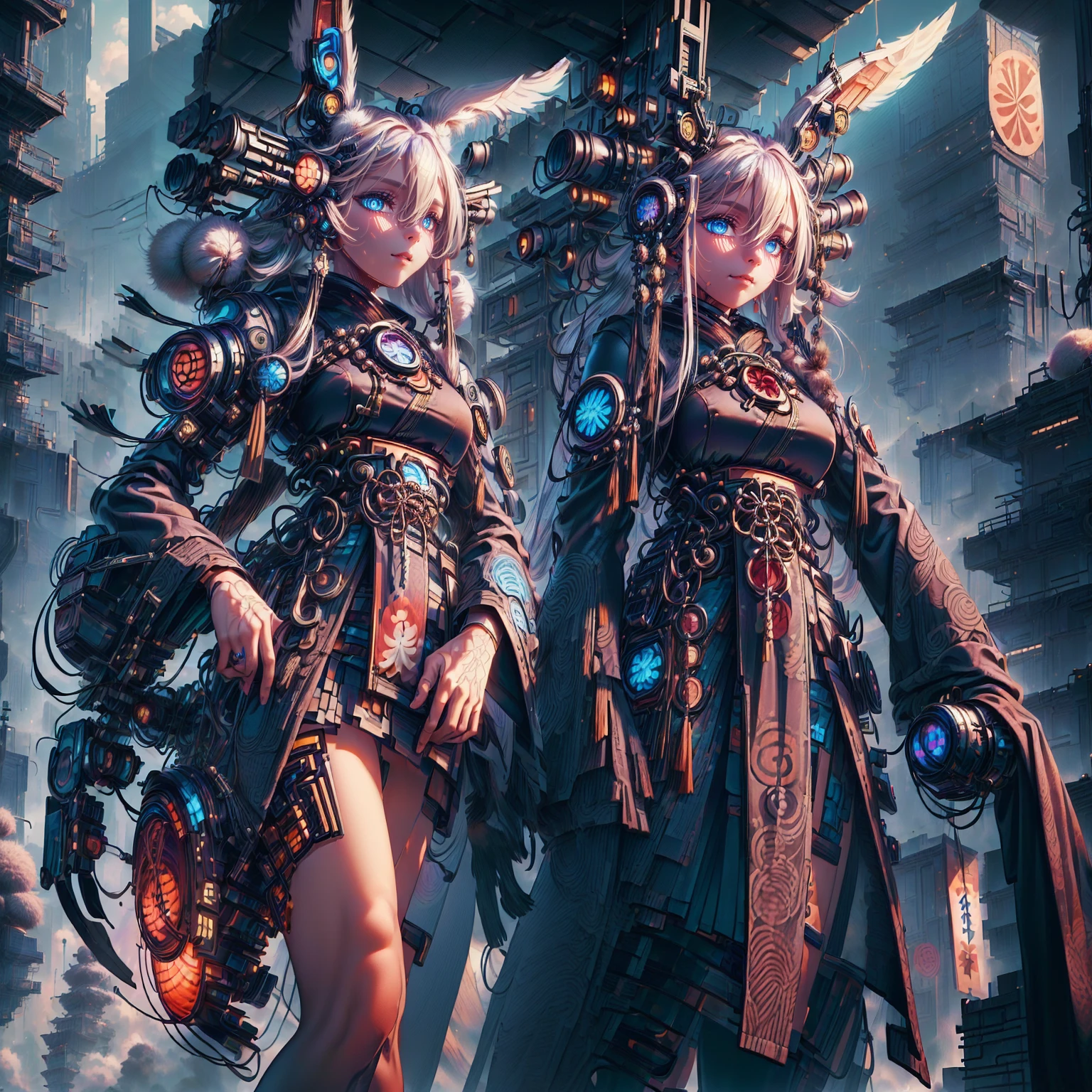 Gray sky, on the battlefield, city ruins in the distance, ruins of the city, ruined buildings, (anatomically correct), (2 different women standing in 1 row), (1 woman facing the camera), (1 woman with only a back), short hair, (torn clothes: 1.2), (red glowing eyes: 1.2), broken headdress, extremely detailed face, smile, looking up at the camera, (half: 1.2), HDR, dramatic, cinematic lighting, (realism: 1.4), absurd, surrealism, steampunk, intricate design, exquisite details, the best quality, rich colors,