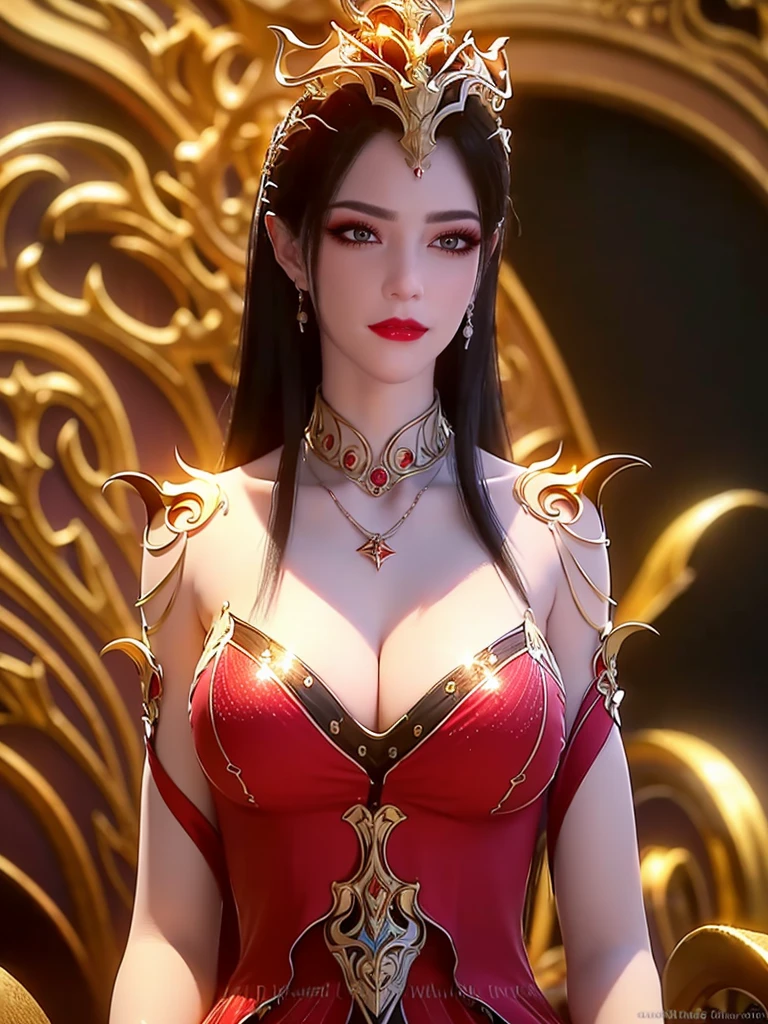 1 very beautiful queen medusha in hanfu dress, thin red silk shirt with many yellow motifs, black lace top, crown on her head, long hair dyed black, beautiful hair jewelry, pretty face pretty and cute, perfect face, earring jewelry, light purple rabbit ears, antique jewelry, big red eyes, sharp eye makeup, meticulous makeup eyelashes, thin eyebrows, nose tall, pretty red lips, no smile, pursed lips, rosy cheeks, wide breasts, big breasts, well-proportioned breasts, slim waist, red mesh stockings with black lace, Chinese hanfu style, fictional art patterns, colors vivid and realistic, RAW photos, realistic photos, ultra-high quality 8k surreal photos, cool photos, (virtual lighting effects: 1.8), 10x pixels, magic effects (background): 1.8), super detailed eyes, beautiful girl body portrait, girl alone, ancient hanfu background, looking directly at the audience, wide original photo, 8k quality, super sharp, detailed and clear picture best, detailed light background