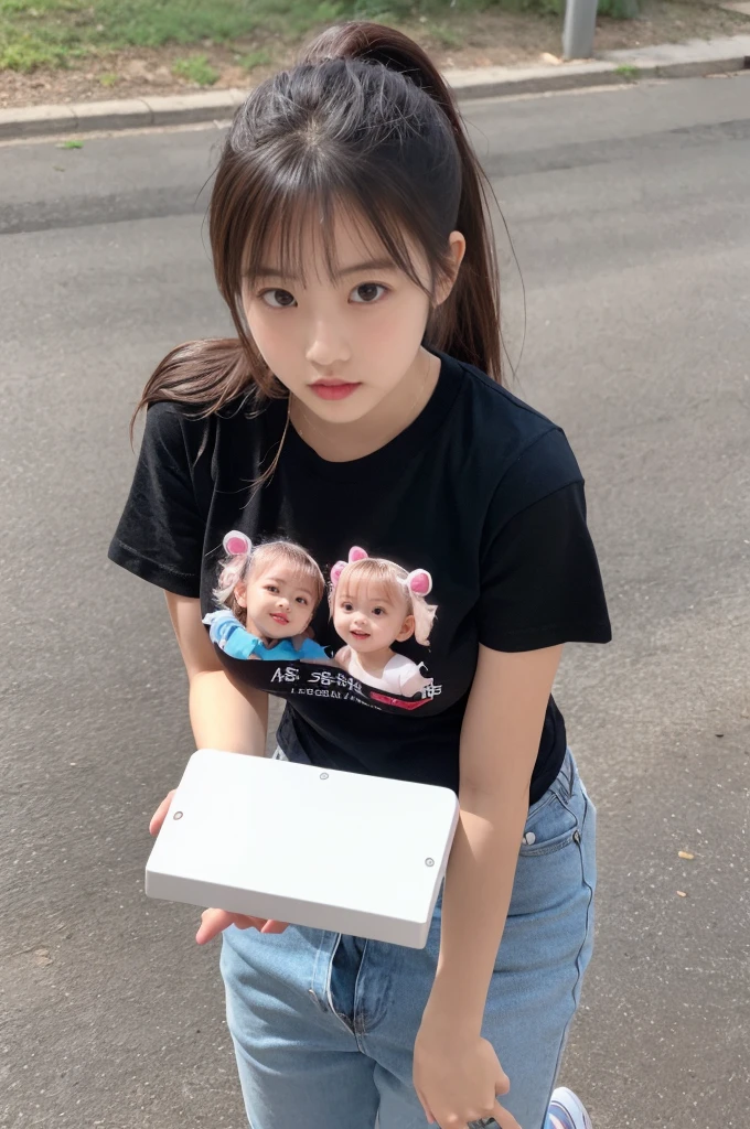 There was a woman holding a baby with a hat and a bear, ulzzangs, wan adorable korean face, zmonzheng, With a child, ruan jia beautiful!, , Li Zixin, Ruan cute vtuber, 8K)), shaxi, jaeyeon nam, Cai Xukun, lulu chen