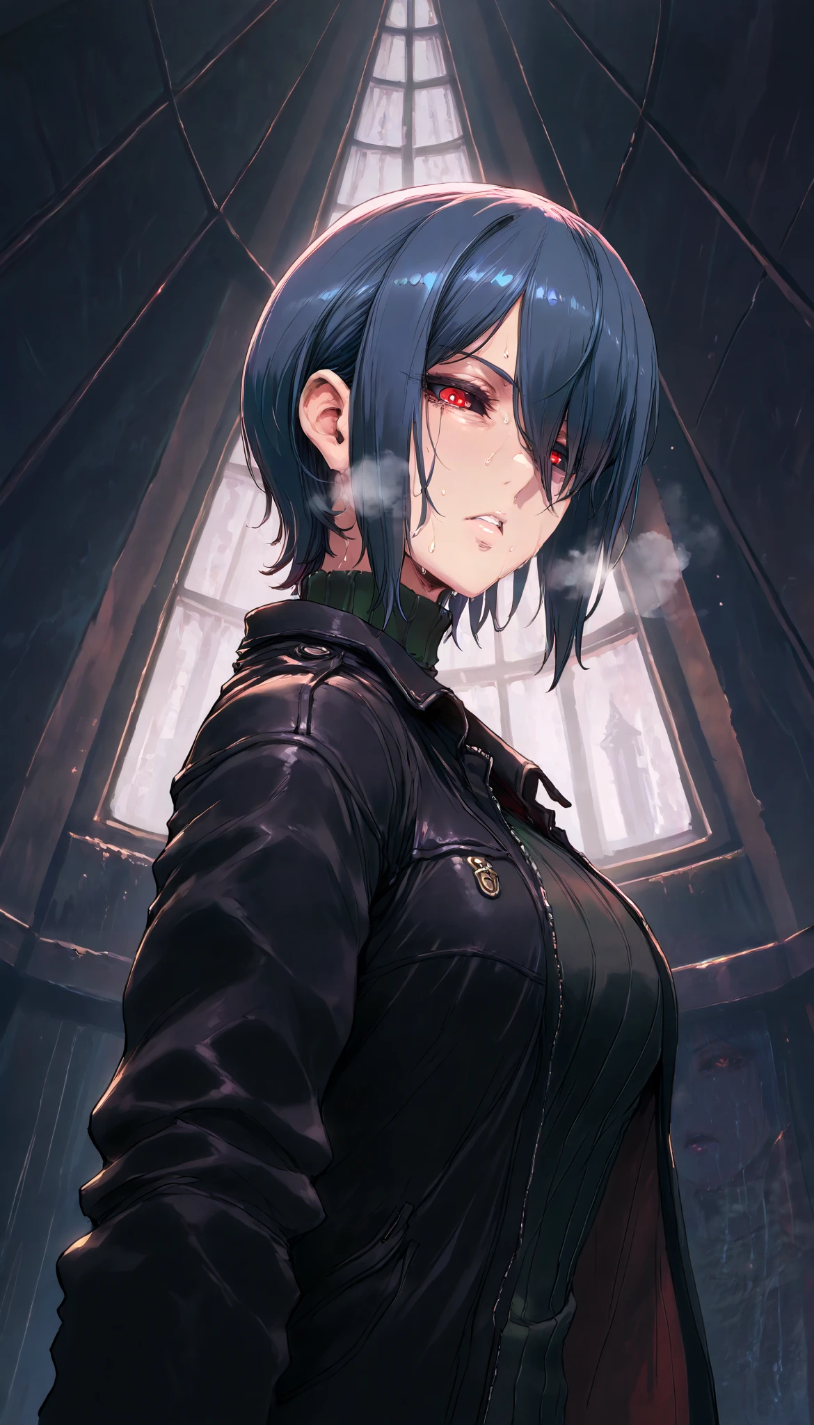 (cutesexyrobutts style:0.8), score_8_up, score_6_up, uncensored, kirishima touka, blue hair, hair over one eye, black sclera, red eyes, bright pupils, anime coloring, anime screencap, shiny skin, (voluptuous:1.3), (thick:1.3), BREAK UHD, retina, masterpiece, accurate, anatomically correct, textured skin, super detail, high details, high quality, award winning, best quality, highres, 4K, black nails, makeup, eyelashes, excessive sweating, sweating, sweating drop, (gasping, heavy breathing:1.3), (skindentation:1.2), perfect eyes, beautiful eyes, eyelashes, makeup, detailed body, perfect body, BREAK, fantasy, 1girl, solo, looking_at_viewer, jacket, sweater, upper_body, sidelocks, breasts, coat, ribbed_sweater, turtleneck,