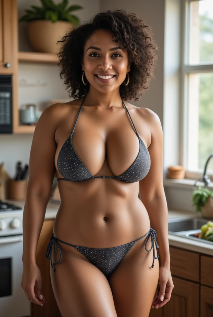 Roxanne Hancock, her name is Shaniqua, high quality, 1 old woman, ((50-year-old pear shaped body black woman)), ((50 years old)), (((pear shaped body 1.9))), ((thick thighs)), ((wrinkled body)), ((((old body)))), ((short curly hair)), (((no make up))), she is nude, POSE: standing, seductive, alluring BACKGROUND: indoor: kitchen, ((realistic vagina))