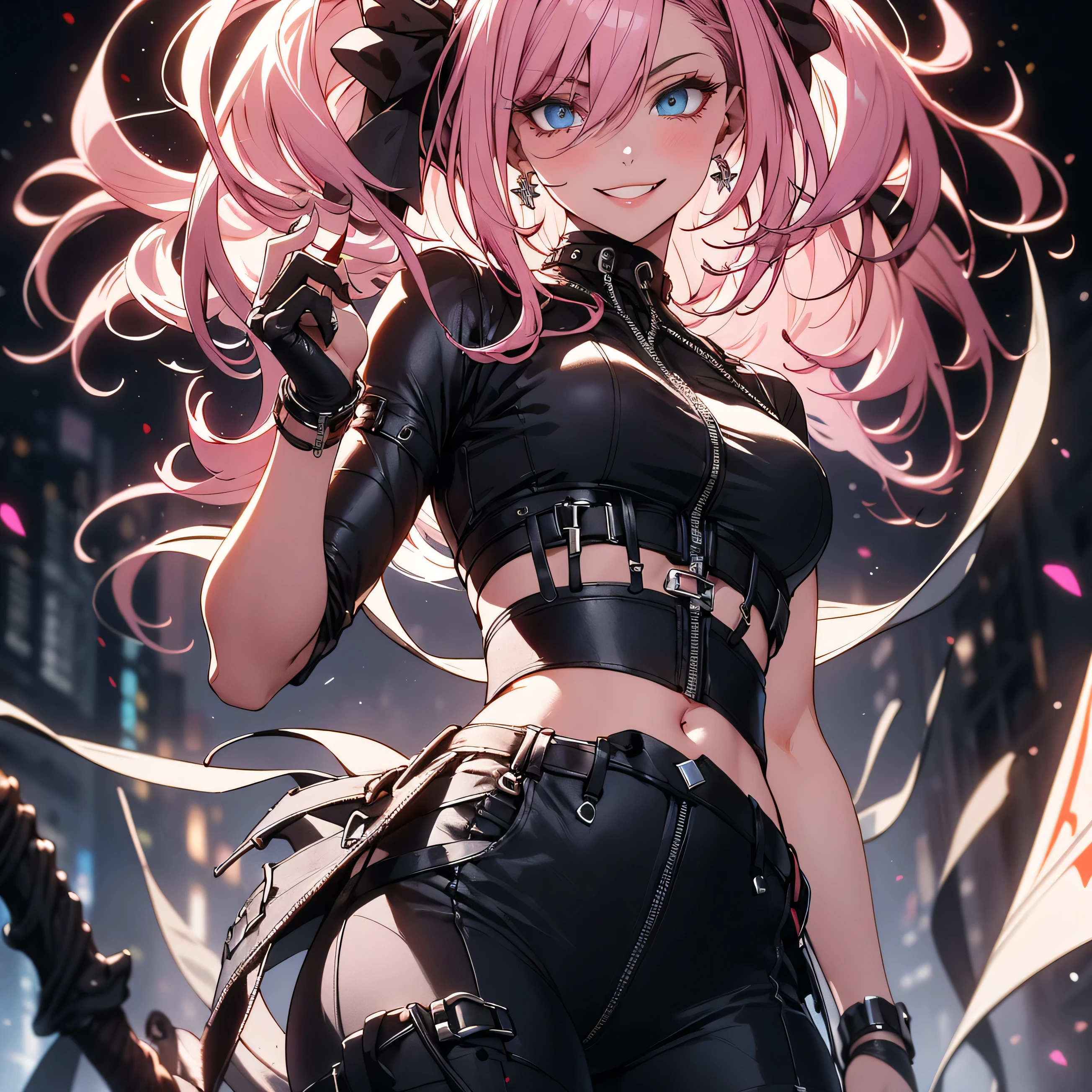 A pink haired female reaper with violet eyes and an hourglass figure is holding a skeleton scythe