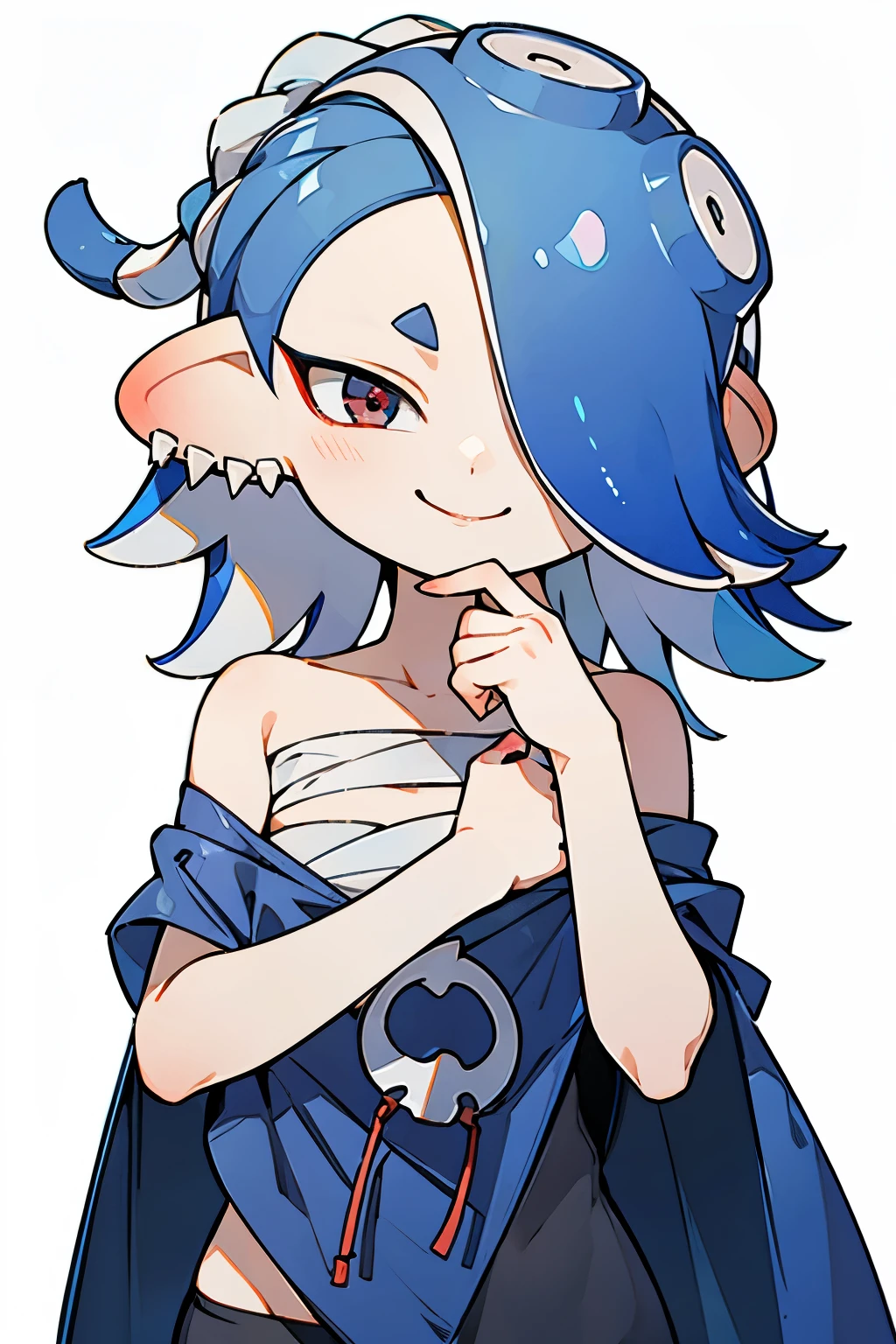 inkling hair , best quality , masterpiece, no background 、 Simple Background 、 1 girl, smiles, closeup , solo, looks、 Blue Hair、 hide my eyes with bangs
