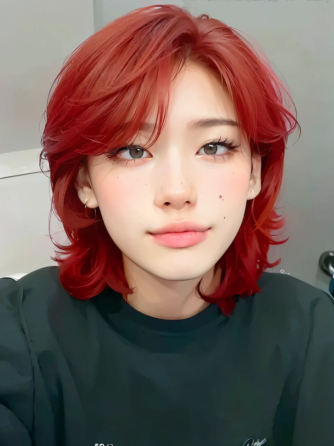 arafed man com cabelo ruivo and piercings posing for a picture, pintar ulzzang, Jungkook, pele vermelha lisa, cute korean demon boy, com cabelo curto, com o mesmo penteado, red hair and attractive features, com cabelo ruivo, Jeon Jungkook aesthetic