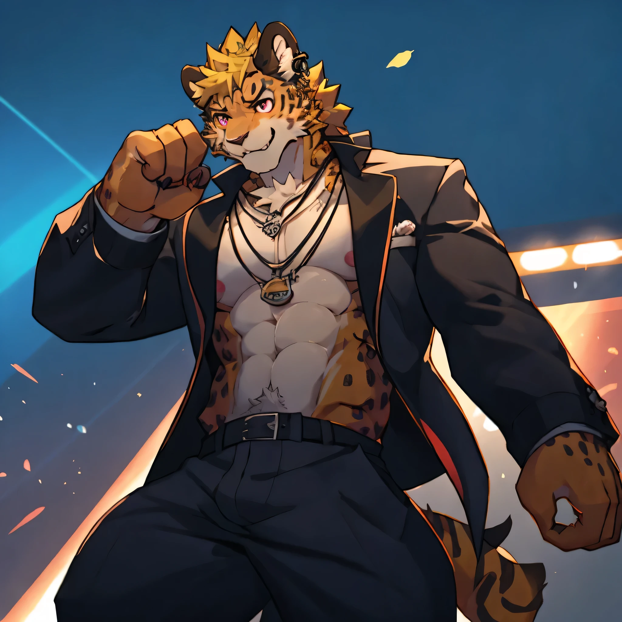 Idol,on stage, boy,Golden fur,Golden hair,Leopard, red eyes,Smiling happily,Wearing a stylish singing suit ,In the spotlight, wearing a few small pendants and a headset