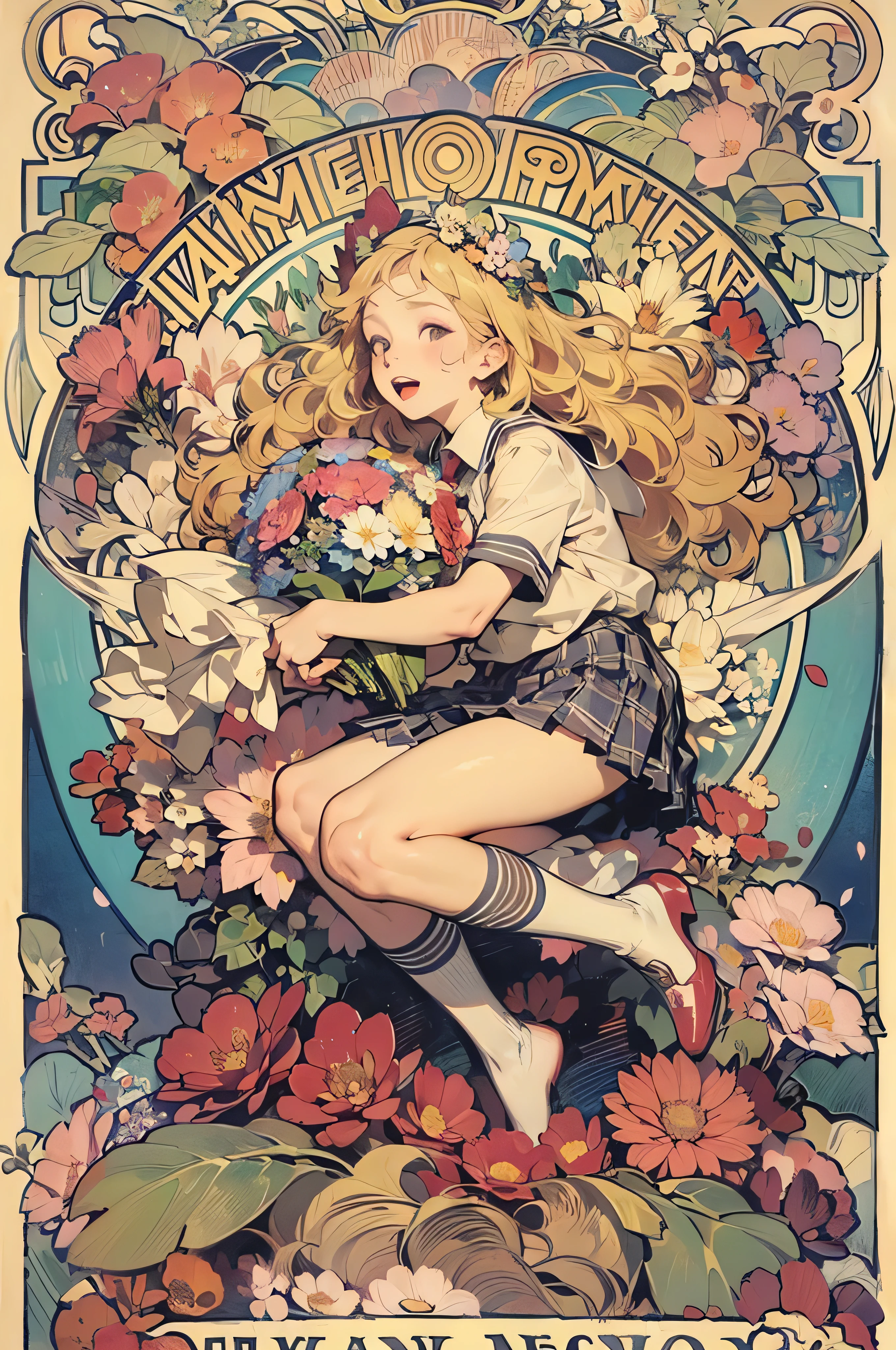 (1 screen):1.4, Colored Line Art, light-up, (by mucha:1.2),(art deco, Floral Art, botanical art), (floral:1.2), Depth, flat Shading, thick pen outlines:1.4,
(absurd, masterpiece, super detailed), (many colors, vibrant colors,colorful),
depth of field:1.4, intricate details, very large margins, space, movie poster,  panorama, Detailed detail flowers,(Petals in the air), (wind blowing):1.4,


break,

one Woman, huge breast, bouquet:1.4, leaning:1.4, (detailed face), (lips), (detailed thighs and hip):1.4, (blonde, shiny hair, wavy hair, flowers hair:1.2), legs up:1.4, 
(plain School uniform:1.4), (short sleeve), (pleated plaid mini skirt), (fetal position), (open mouth), POV,