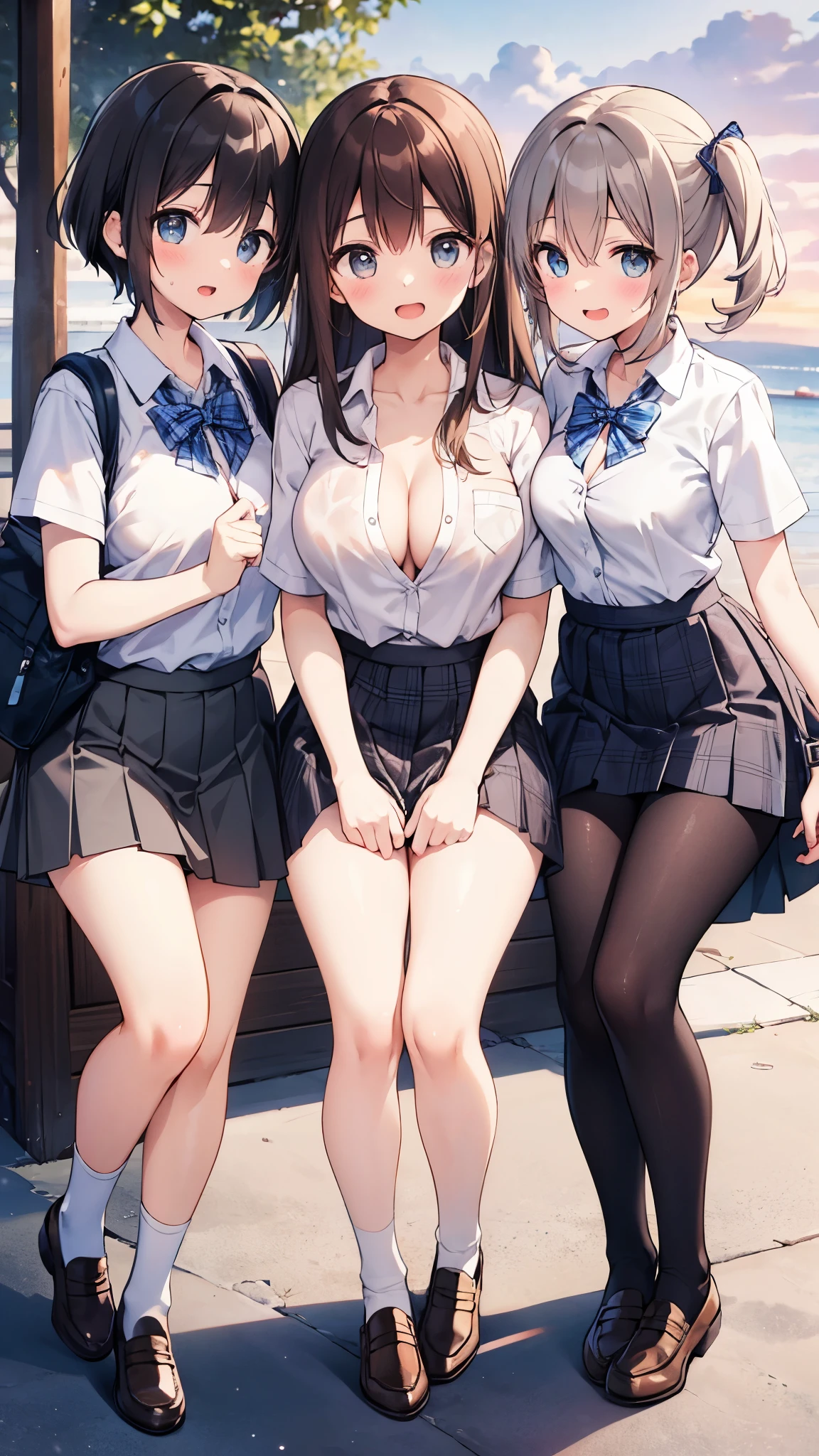 NSFW, masterpiece, (realistic, photo realistic:1.2), ((highest quality), extremely fine and beautiful, beautiful face details, real human skin, realistic, photorealistic, 3girls, smile on face, cow-boy shot, Hair braided. School uniforms, shirt with collar, necktie, huge long breasts, tiny breasts, Naughty thighs, White shirt, Open shirt, White underwear, (fingering, female masturbation:1.2), (wind, wind lift., Skirt lifted by the wind, Skirt rolled up by the wind, Skirt flutters:1.5), (Fully exposed panties:1.5), (white ribbed panties:1.5)