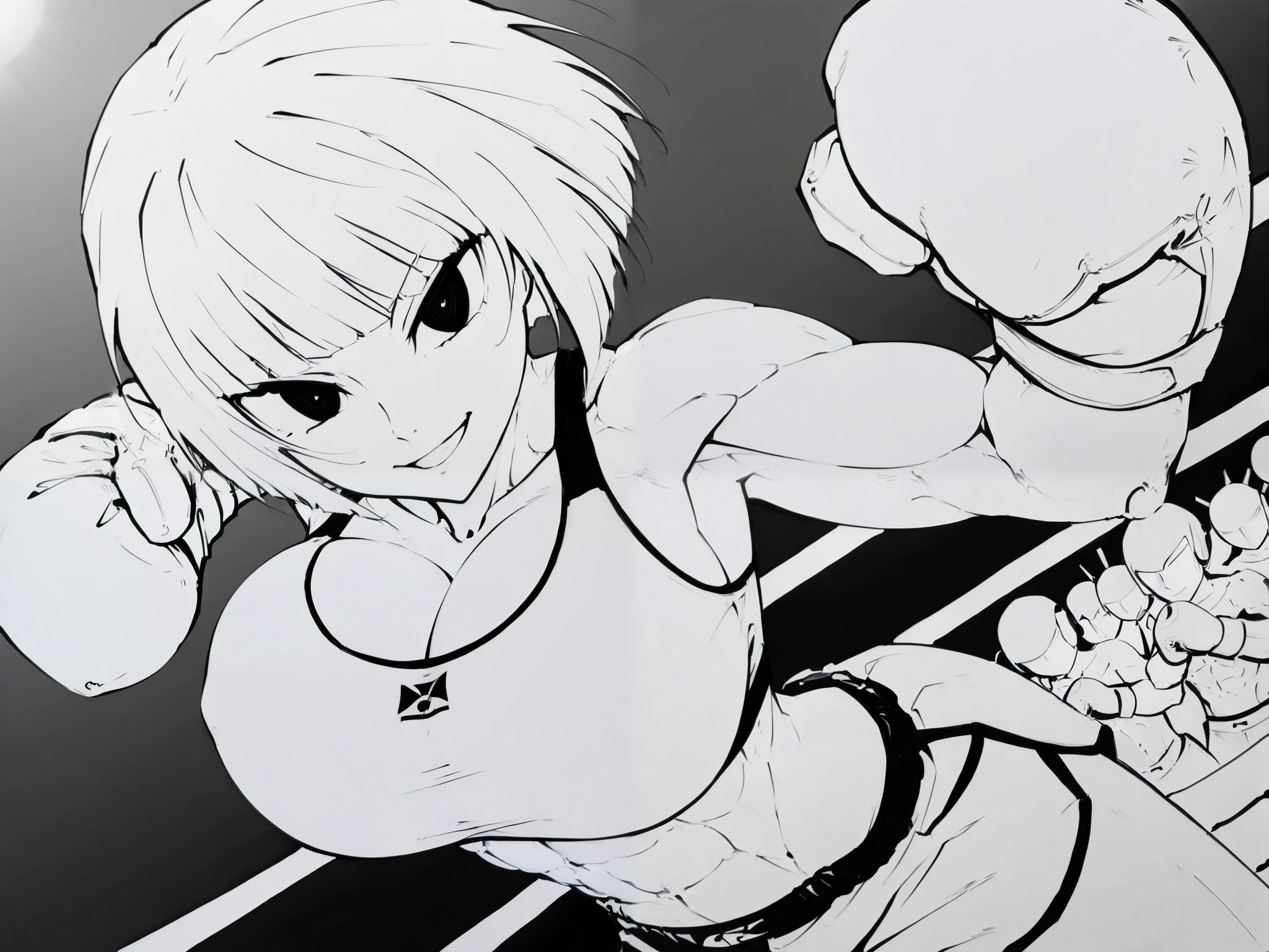score_9, score_8_up, score_7_up, score_6_up, score_5_up, score_4_up,
BREAK
masterpiece: 1.0), best quality, perfect anatomy, perfect composition, perfection, 4k resolution, absurdres, very aesthetic, professional artwork, absolutely beautiful,
BREAK
1girl, fit, slim, athletic, light colored hair, blunt bangs, huge breasts, defined abs, defined muscles, black eyes, big eyes, bob cut hairstyle, wide smile, lineart, line art, monochrome, greyscale, hyperdetailed,
BREAK
sports bra, sports shorts, boxing gloves, foreshortening, dynamic pose, boxing ring background, audience background, dark background