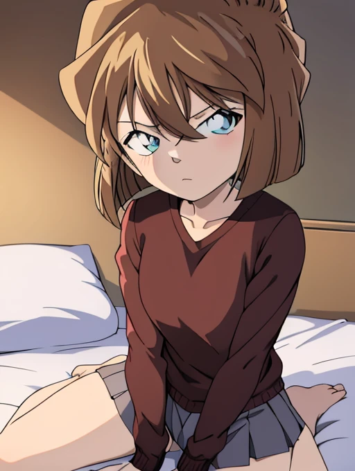 Highest quality, masterpiece, 4K, Highly detailed face, Highly detailed skin, Highly detailed wallpaper, Japanese anime, Second Dimension, Fine skin, Very beautiful cleavage, NSFW, Baby Face, whole body, One girl, Embarrassed face, On the bed, Bob Hairstyle, Brown Hair, Detective Conan, Haibara Ai, Shelley, Sweaty, Adult appearance, Cosplay, Mine system, mini skirt, Eyes are hearts, Seducing a man, Spread your legs in an M shape