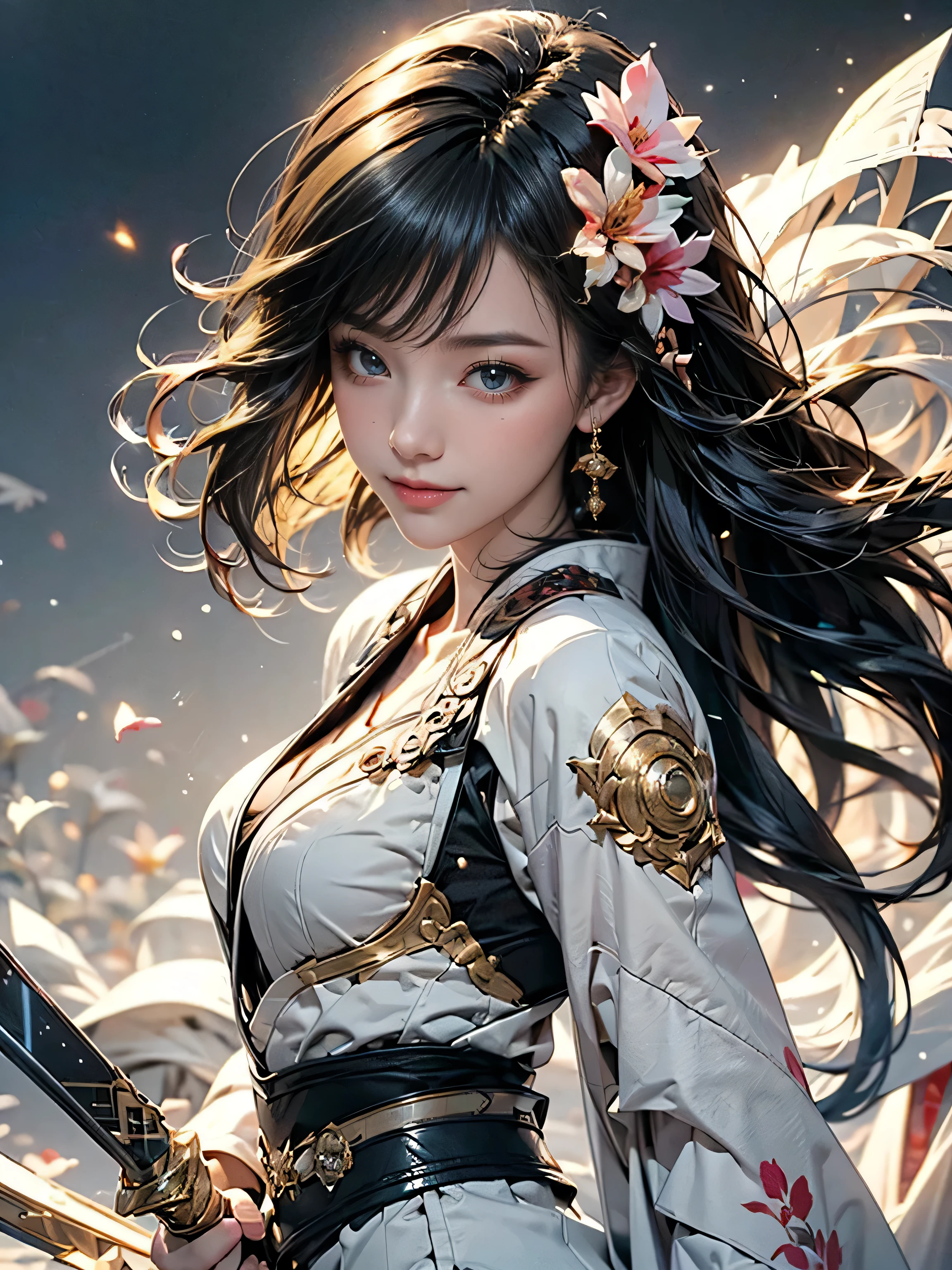 (Masterpiece), ( best quality ), ( tall Highly detailed ),(shape), (One Girl), ((smile))、( fashionable clothes), standing, fashion model , View your viewers, (Interview), (simple background), beautiful details, gentle and beautiful face ,(High saturation),(Colorful Splashes ),(Shining), focus on face, black hair, bangs, hair ring, Floating Flower, (Shining), best lighting, Best Shadow, cyberpunk、Blurred Background , dynamic composition、((Warrior)),(Ready your sword),kimono