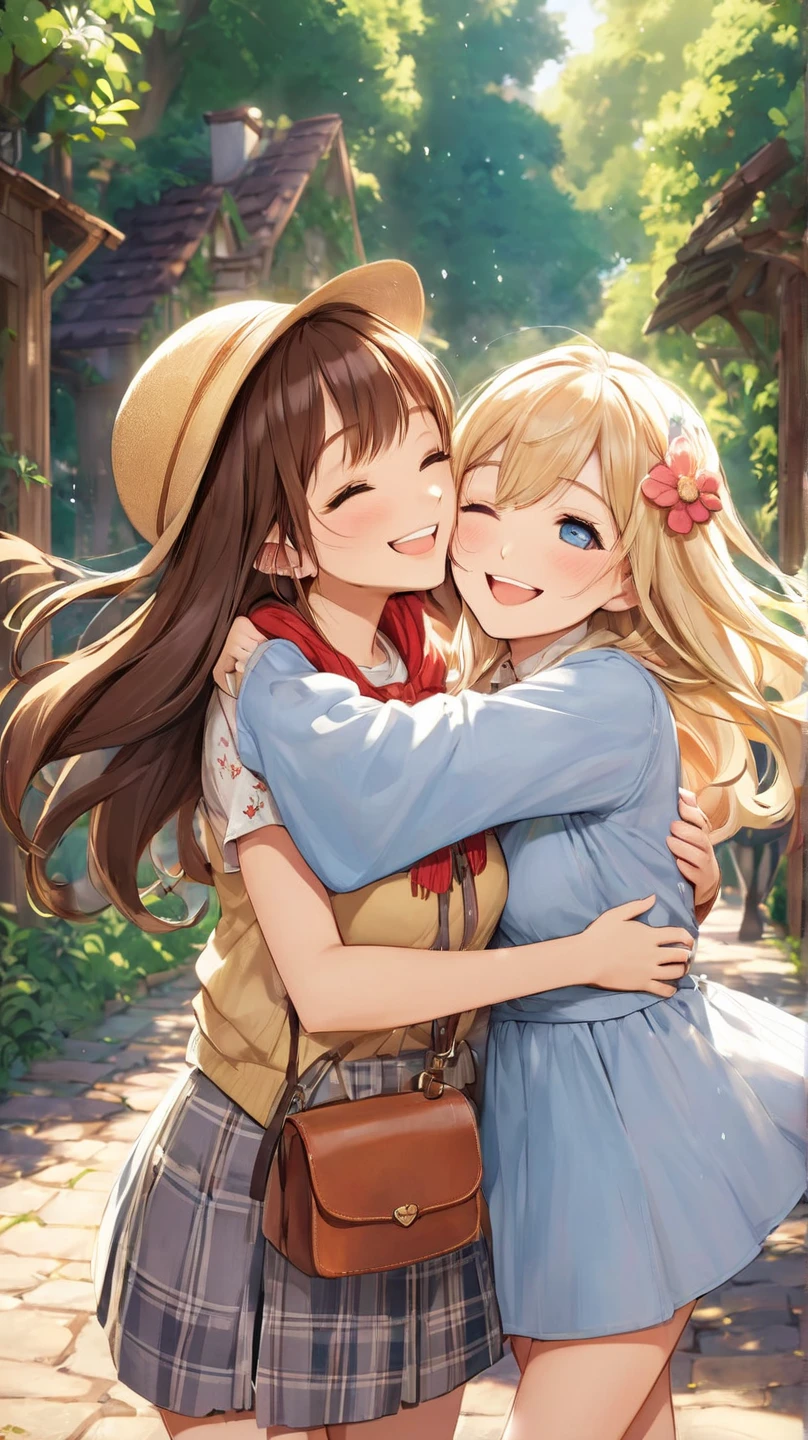 dal, (realistic:1.3), (intricate detail:1.2), 3girls, :d, ahegao, braid, hair_ribbon, hat, multiple_girls, muscular, open_mouth, parody, ribbon, short_sleeves, smile, sparkle, sweat, third_eye, twin_braids, dynamic pose, burlywood theme,