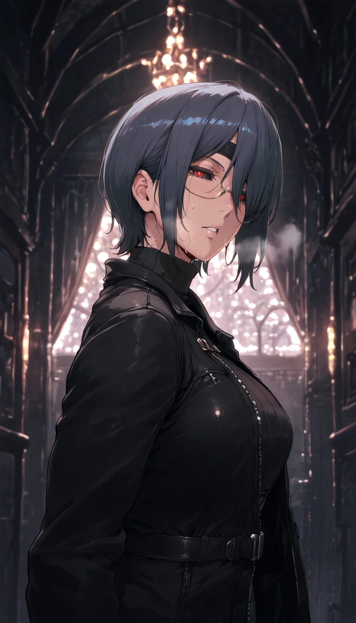 (cutesexyrobutts style:0.8), score_8_up, score_6_up, uncensored, kirishima touka, blue hair, hair over one eye, black sclera, red eyes, bright pupils, anime coloring, anime screencap, shiny skin, (voluptuous:1.3), (thick:1.3), BREAK UHD, retina, masterpiece, accurate, anatomically correct, textured skin, super detail, high details, high quality, award winning, best quality, highres, 4K, black nails, makeup, eyelashes, excessive sweating, sweating, sweating drop, (gasping, heavy breathing:1.3), (skindentation:1.2), perfect eyes, beautiful eyes, eyelashes, makeup, detailed body, perfect body, BREAK, fantasy, 1girl, solo, looking_at_viewer, jacket, sweater, upper_body, sidelocks, breasts,  coat, ribbed_sweater, turtleneck, 
