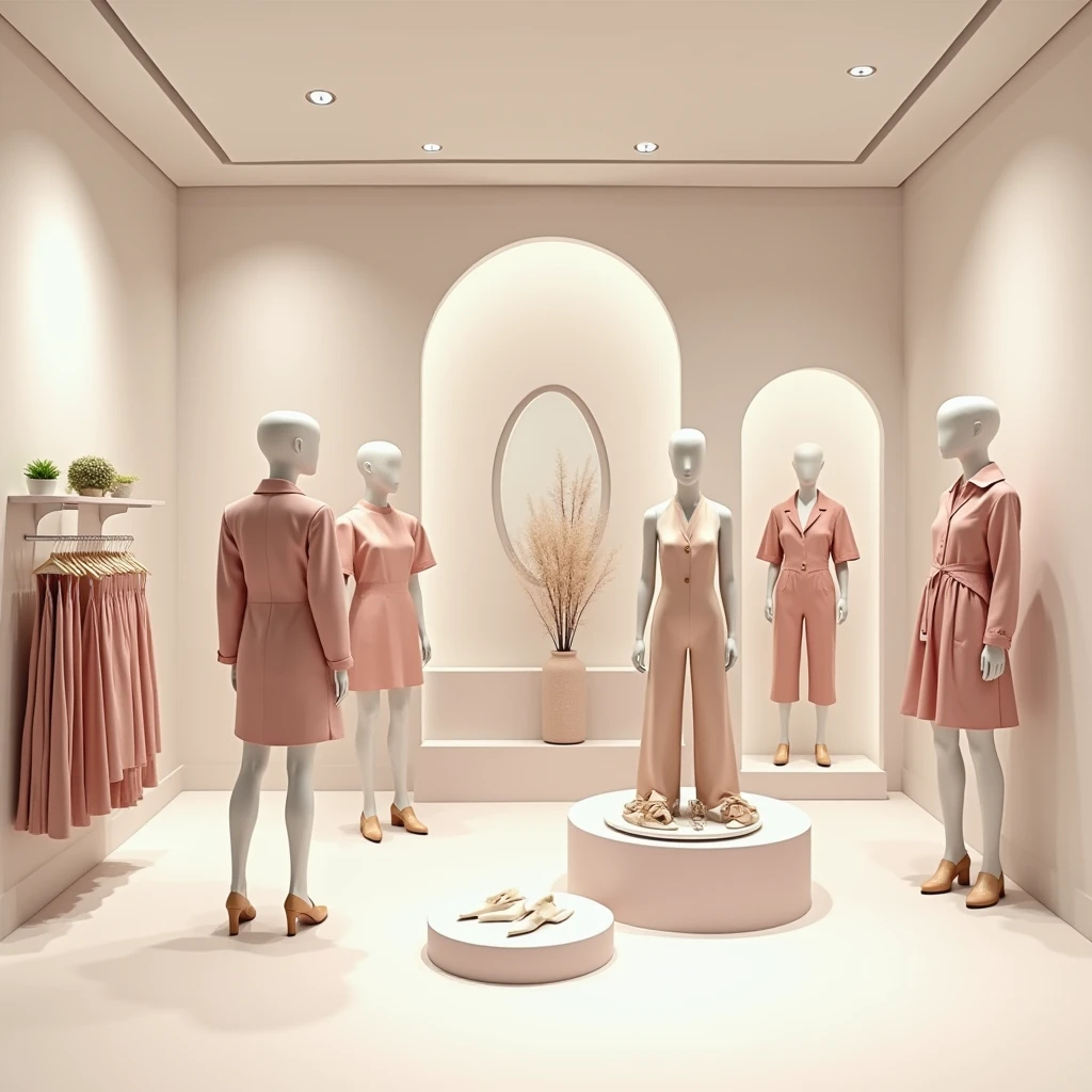 An interior of women&#39;s dress shop, minimalist design. The walls are painted in a light and low saturation color. no direct sunlight or daylight effect without sun, no daylight. From the point of view of a person facing a wall parallel to the camera, for background, light and low saturation color, fullcolor
