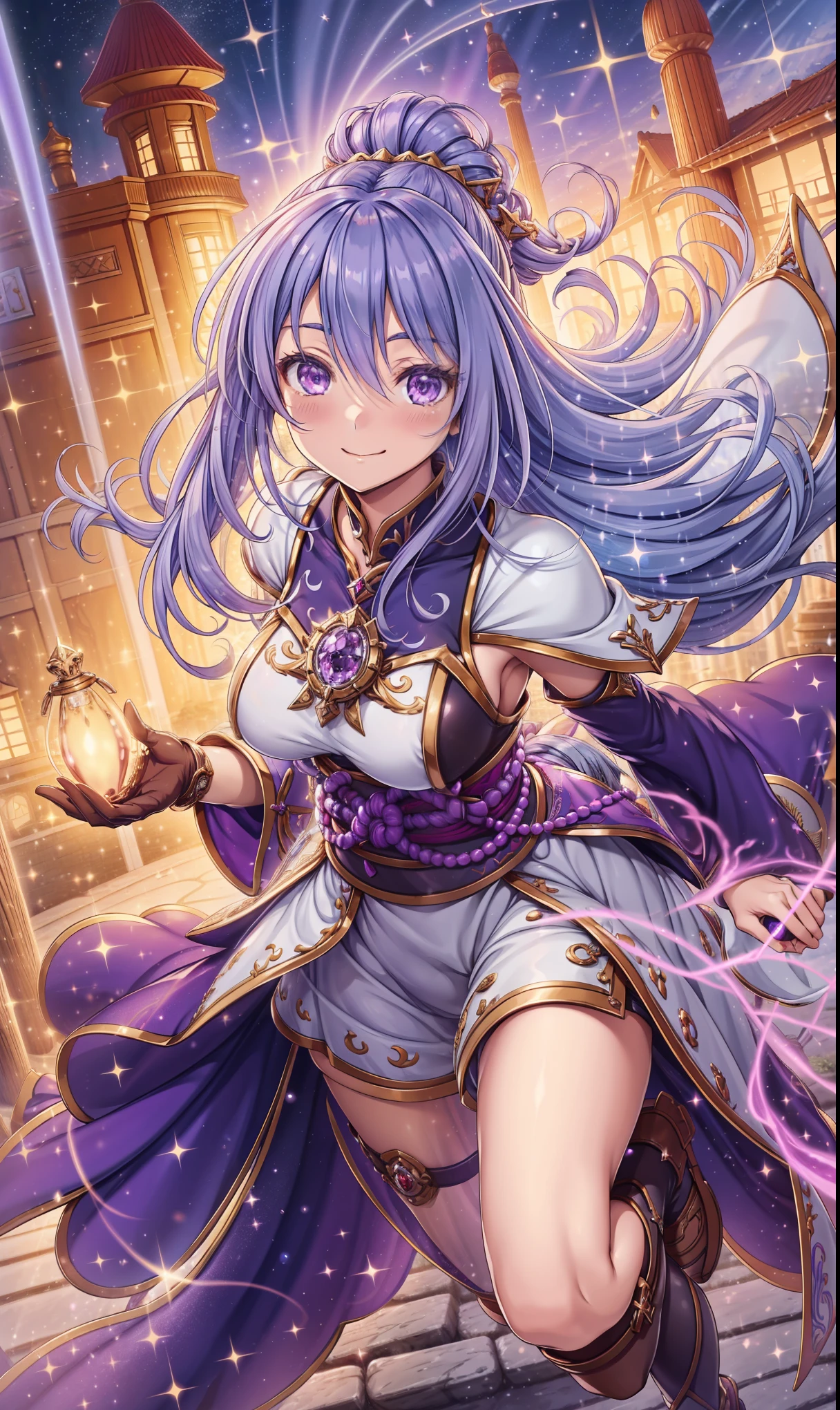  Super High Resolution Ultra High Quality 、 Japanese cartoon 、Zoom in Zoom in  、 Smile、Fantasy 、Mage、 High Quality Clothes Textures , Realistic Textures of Materials ,  Luxurious Adventurer Outfits ,  Sparkling Gems , Silver decoration, platinum, Brown leather gloves, Over-the-Knee Dress , joy,  Beautiful Girls Have Great Shapes,  Lavender Hair , Eye highlights, Navy purple eyes, Diverse perspectives